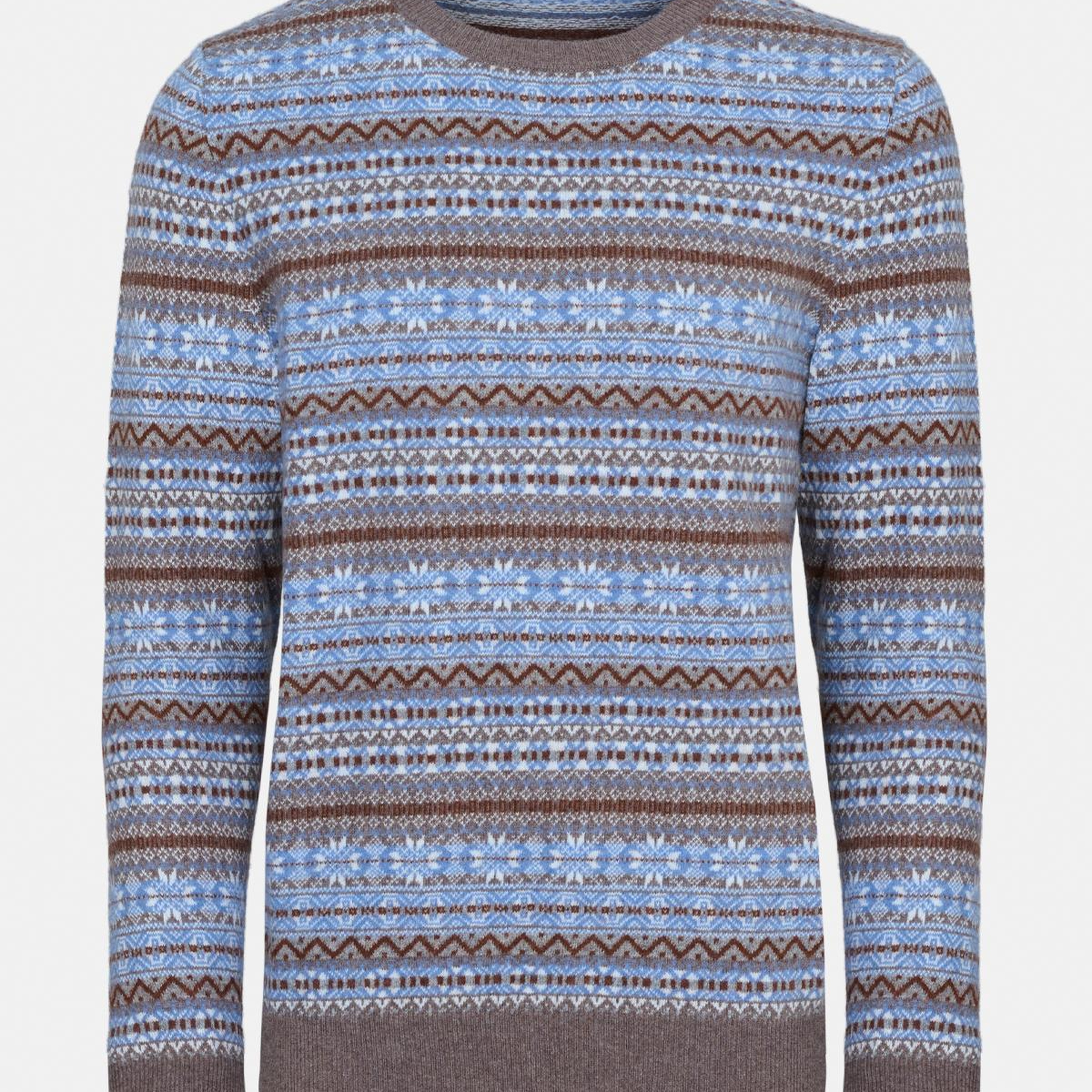 Erkek Kahverengi Bisiklet Yaka Desenli Lambswool Kazak
