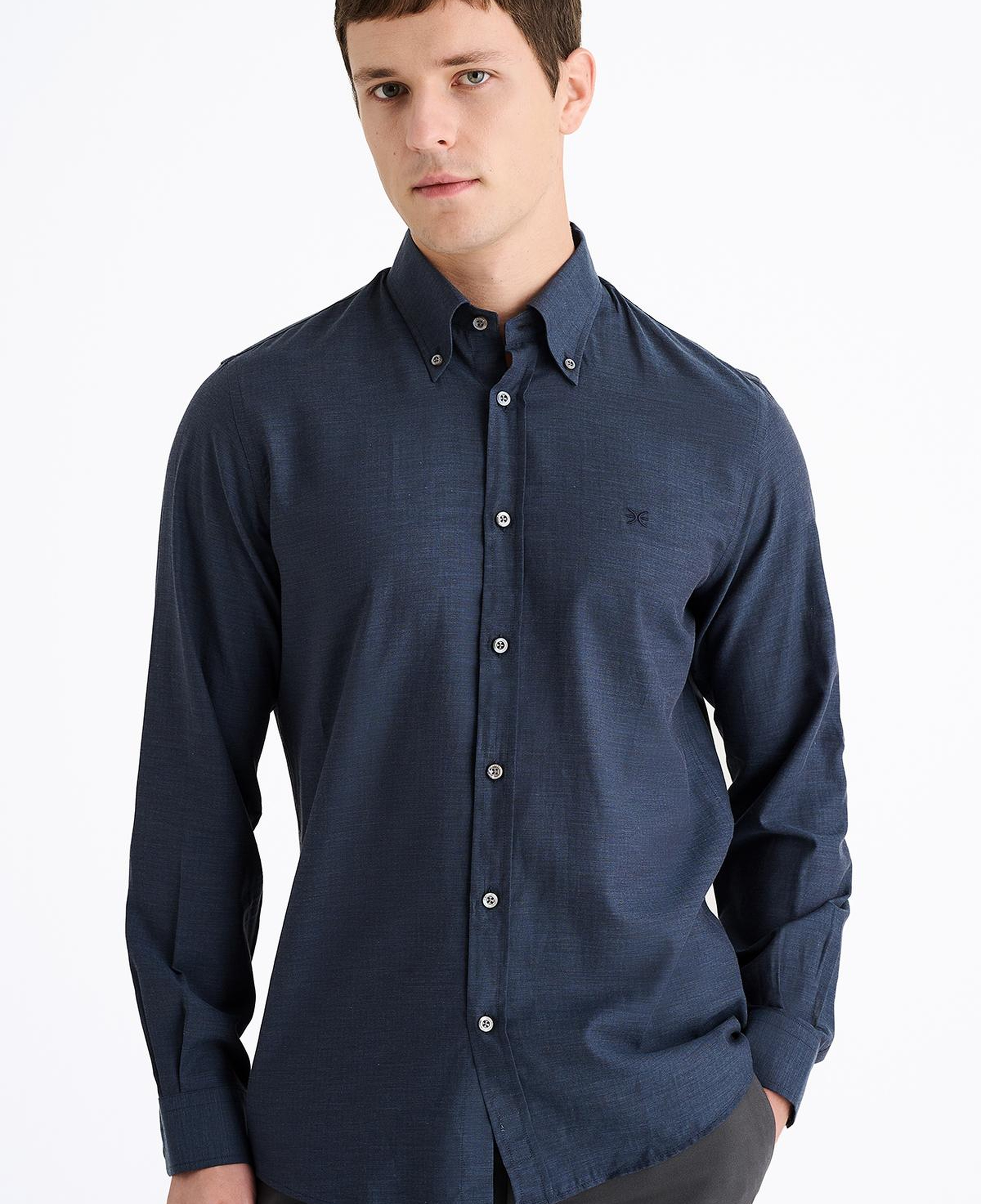 Erkek Lacivert Cooper Fit Düğmeli Yaka Flannel Spor Gömlek