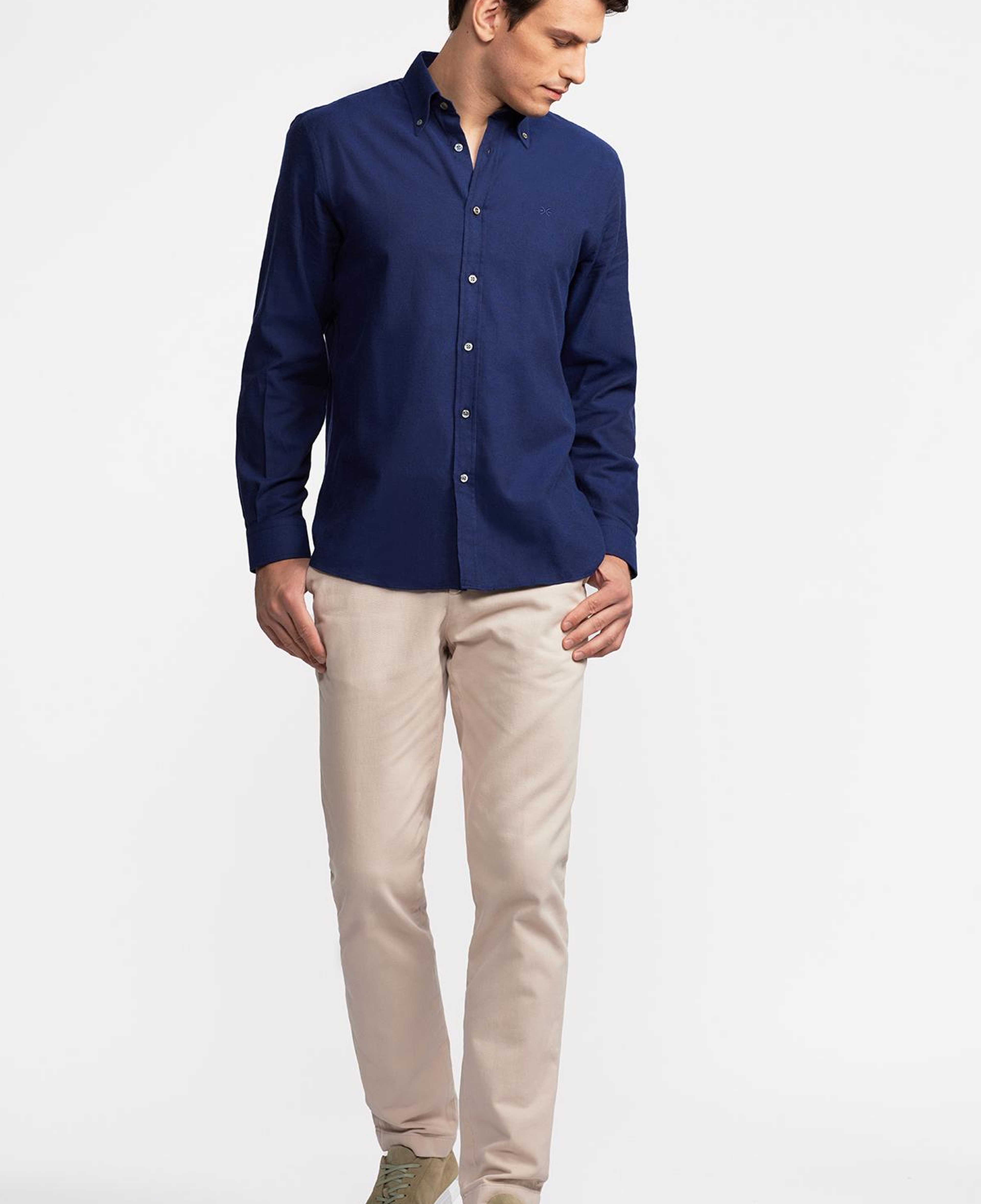 Erkek Lacivert Cooper Fit Düğmeli Yaka Flannel Gömlek
