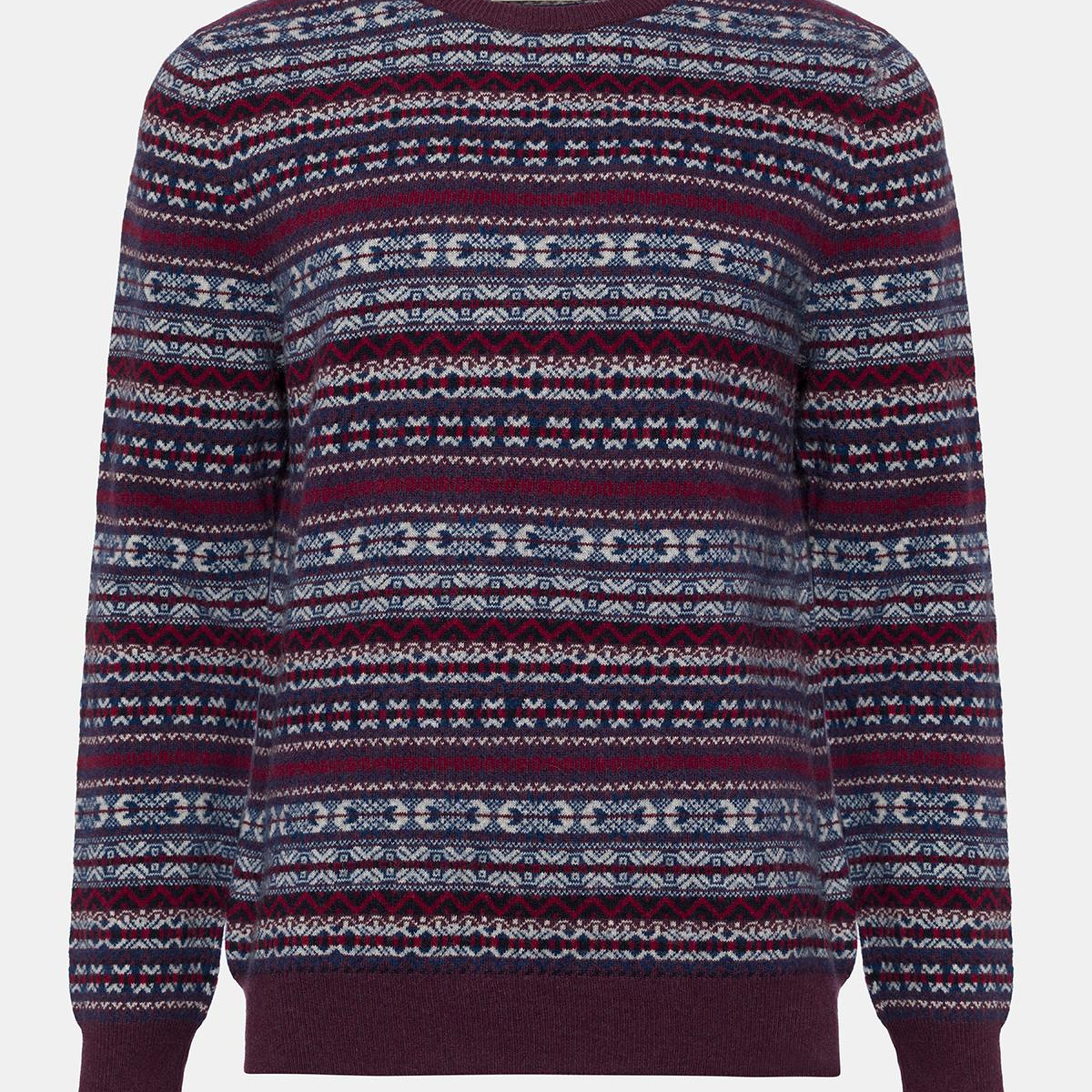 Erkek Bordo Bisiklet Yaka Desenli Lambswool Kazak