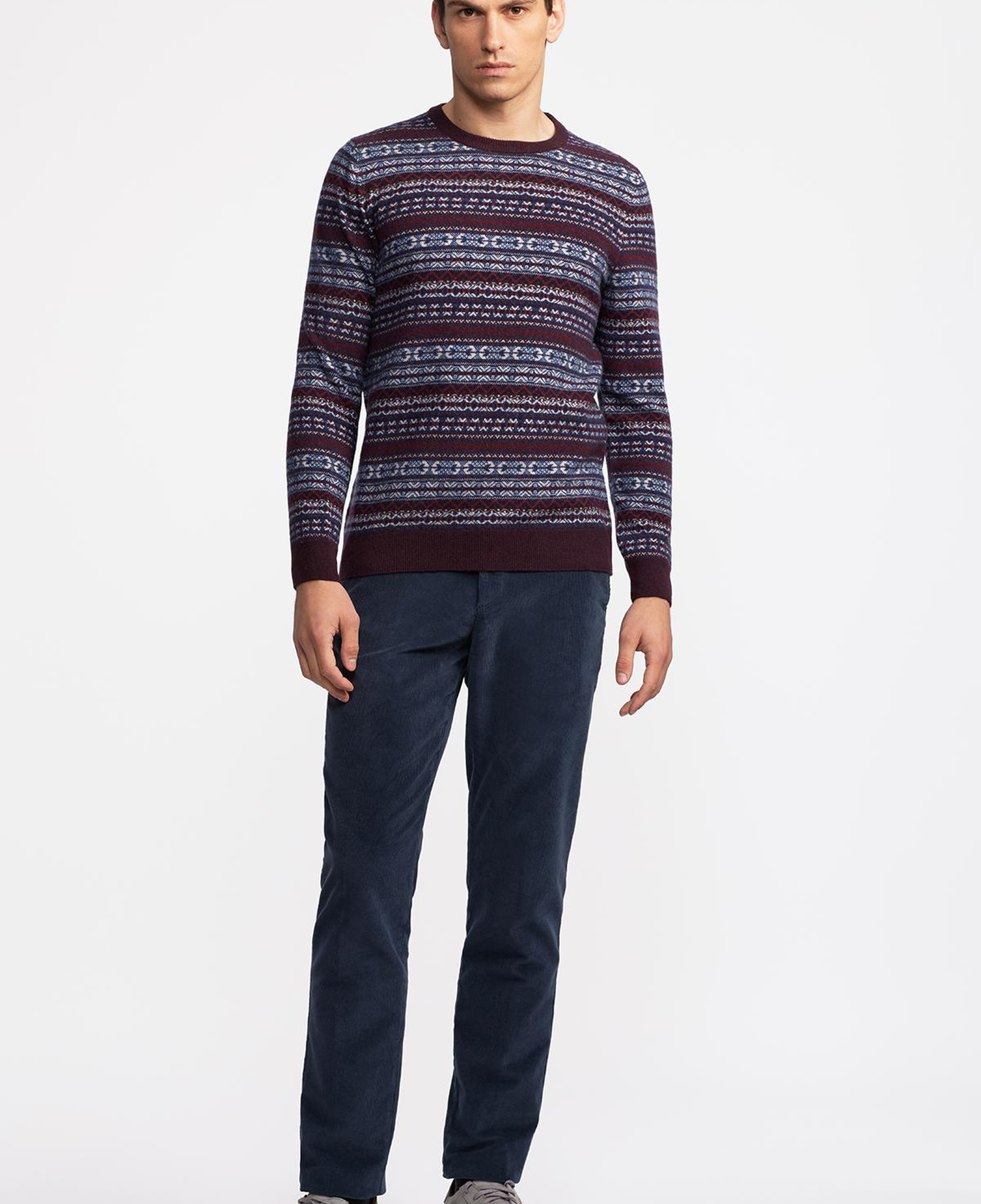 Erkek Bordo Bisiklet Yaka Desenli Lambswool Kazak