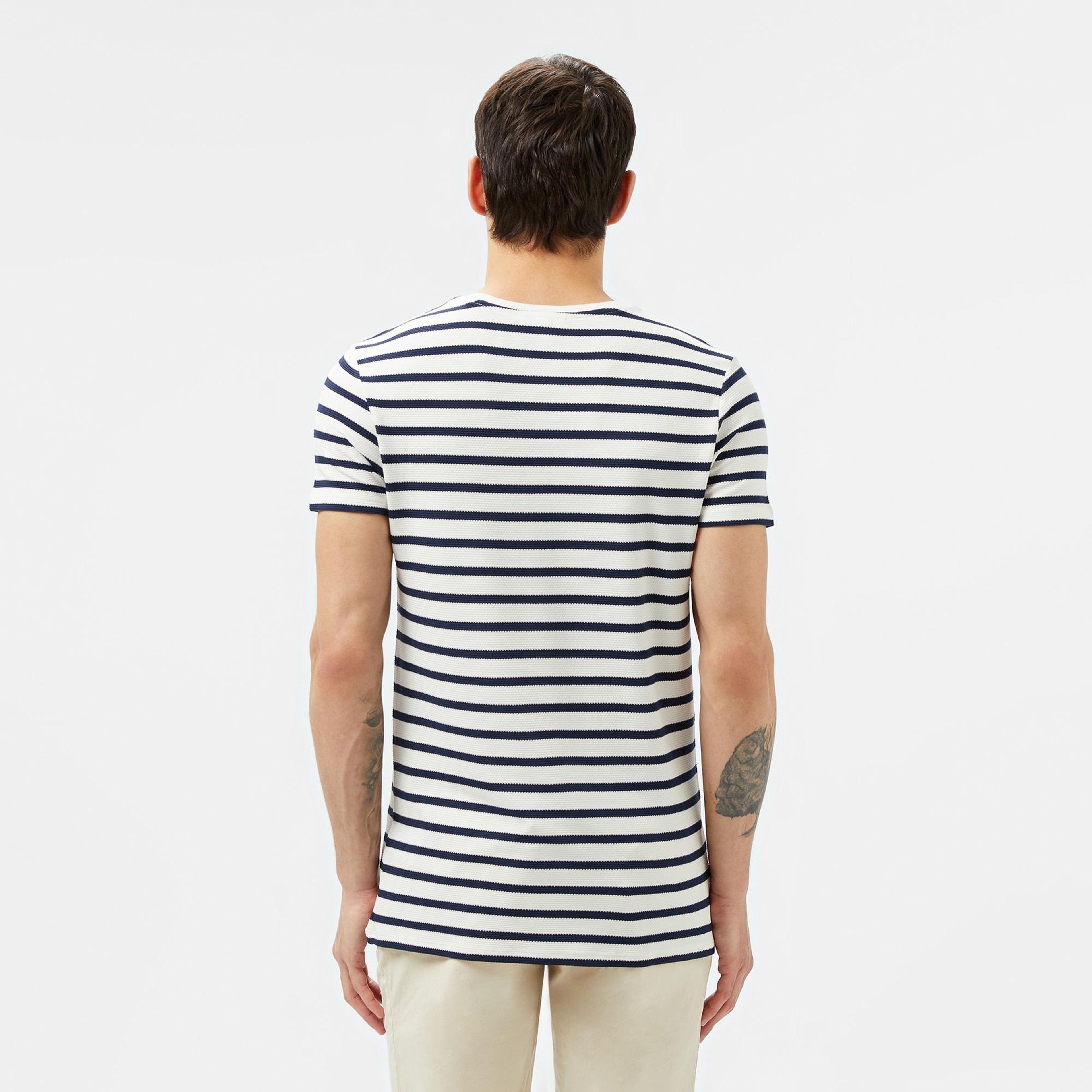 Lacoste Erkek Slim Fit Bisiklet Yaka Çizgili Beyaz T-Shirt