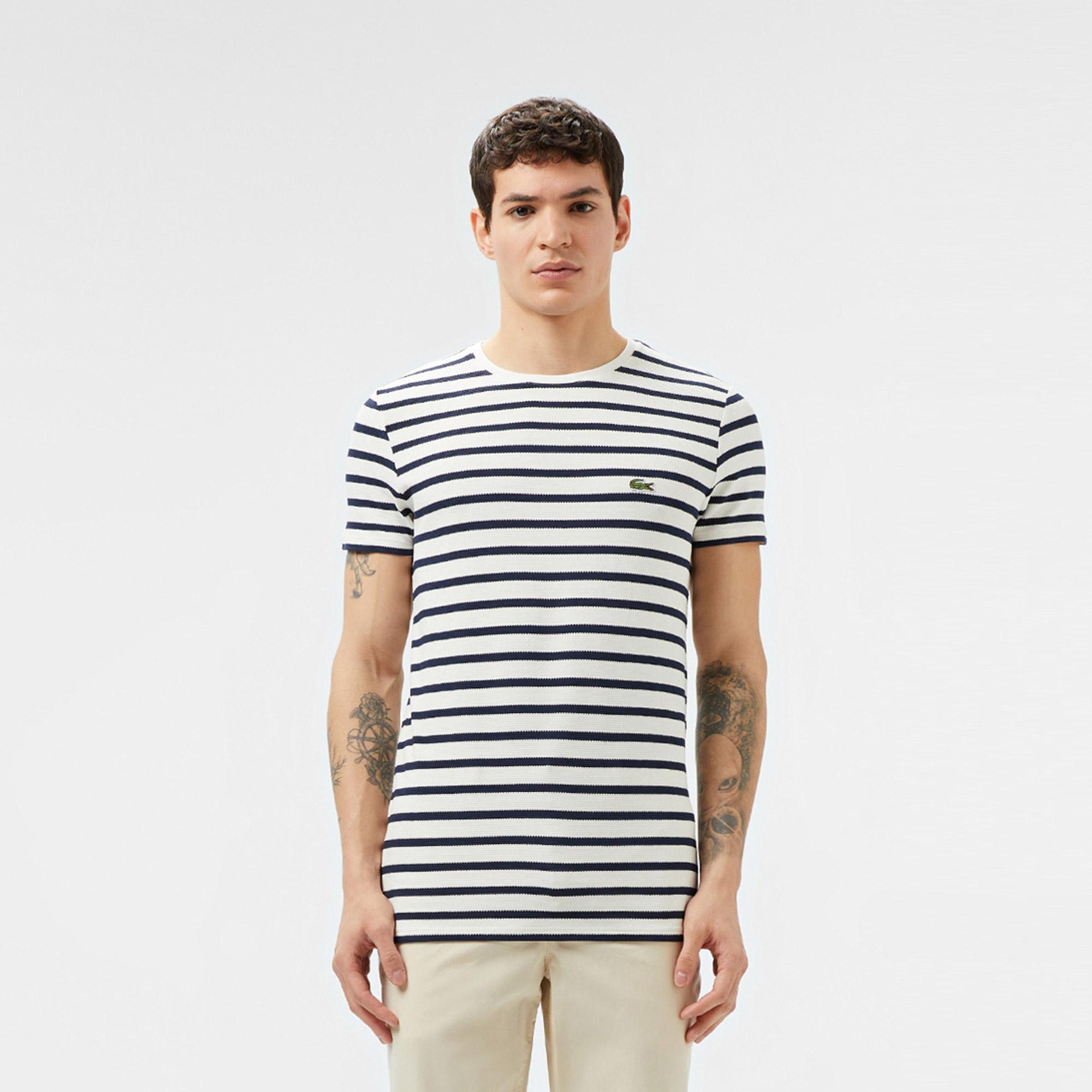 Lacoste Erkek Slim Fit Bisiklet Yaka Çizgili Beyaz T-Shirt