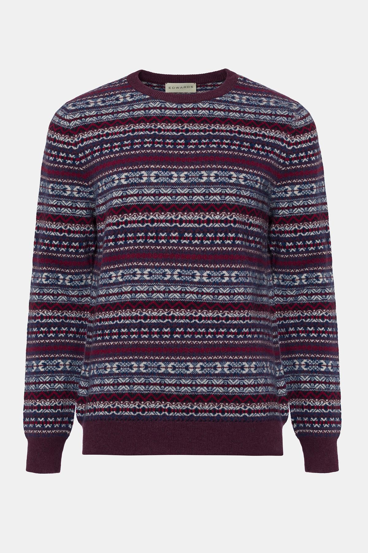 Erkek Bordo Bisiklet Yaka Desenli Lambswool Kazak