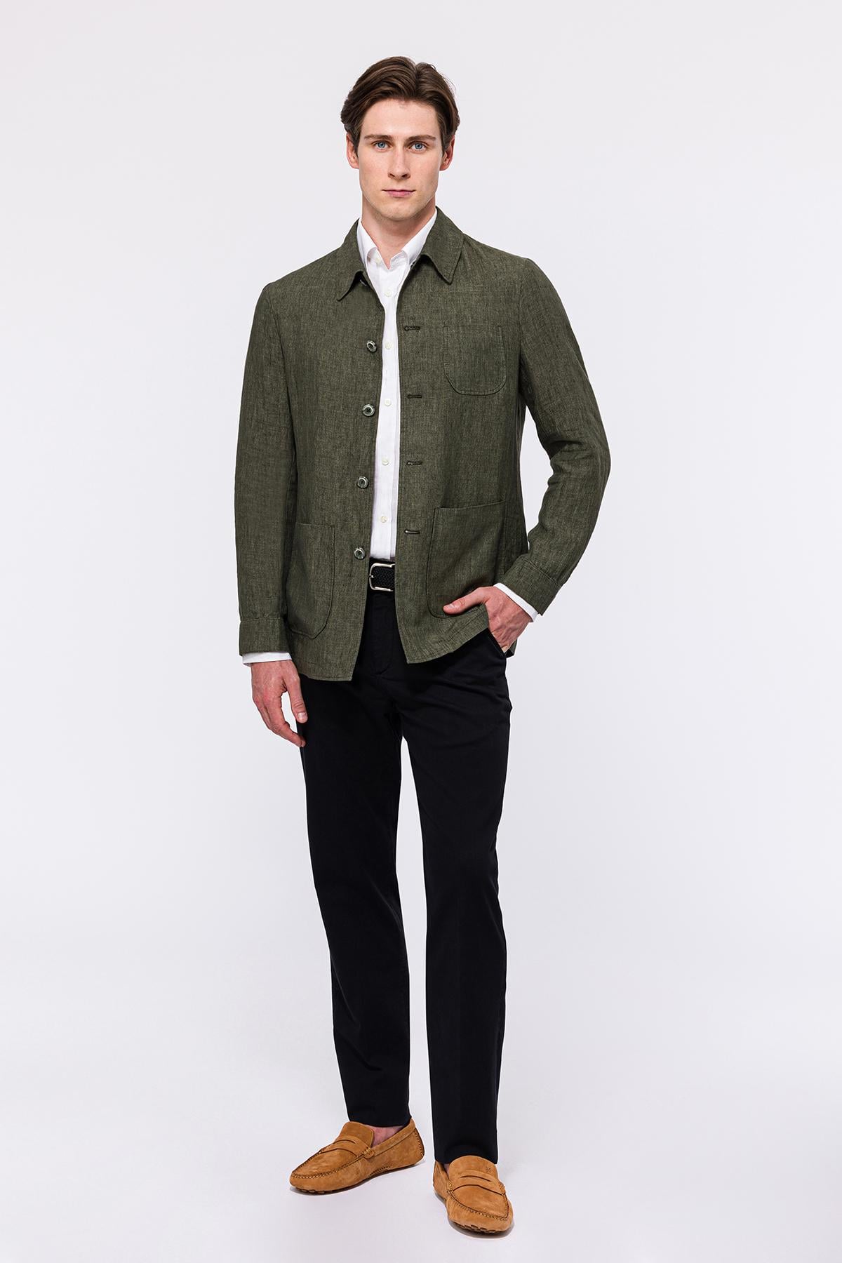 Erkek Haki Leomaster Casual Keten Ceket