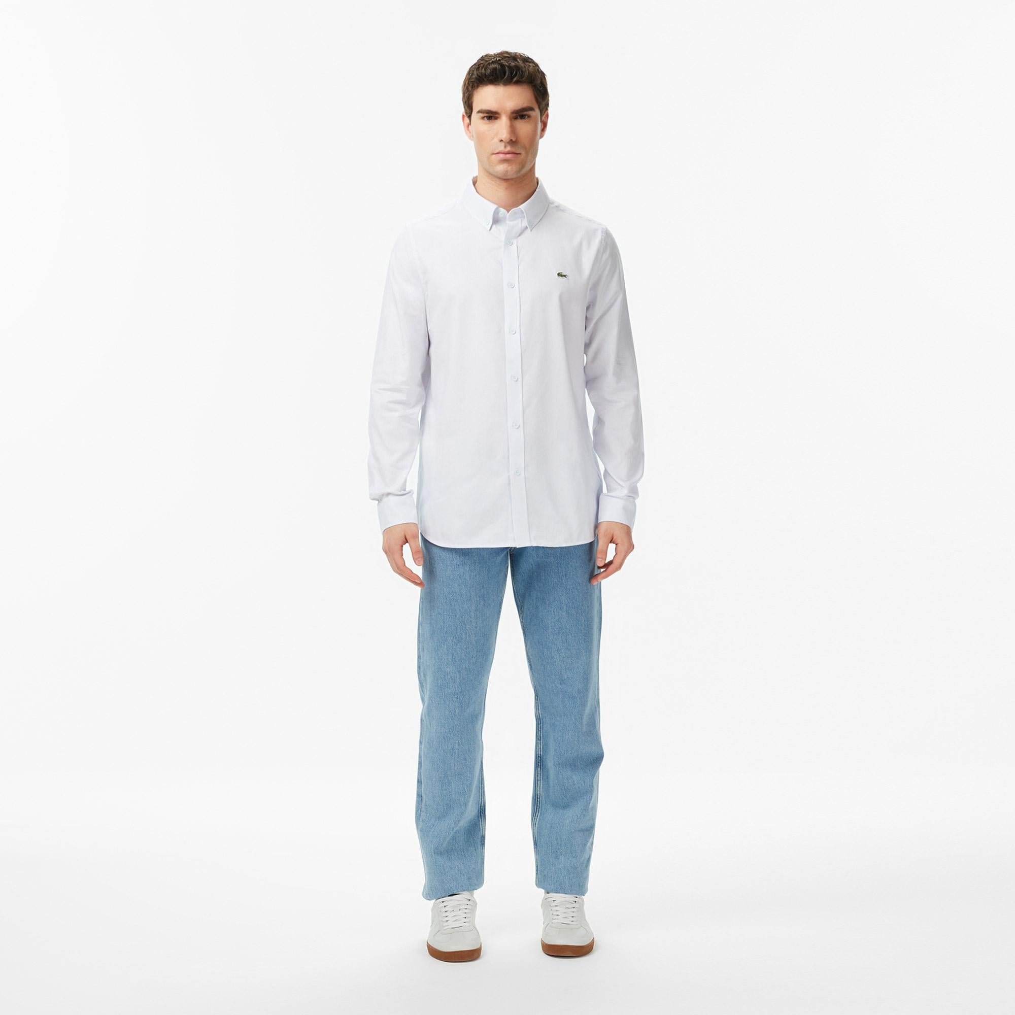 Erkek Slim Fit Düğmeli Yaka Açık Mavi Gömlek