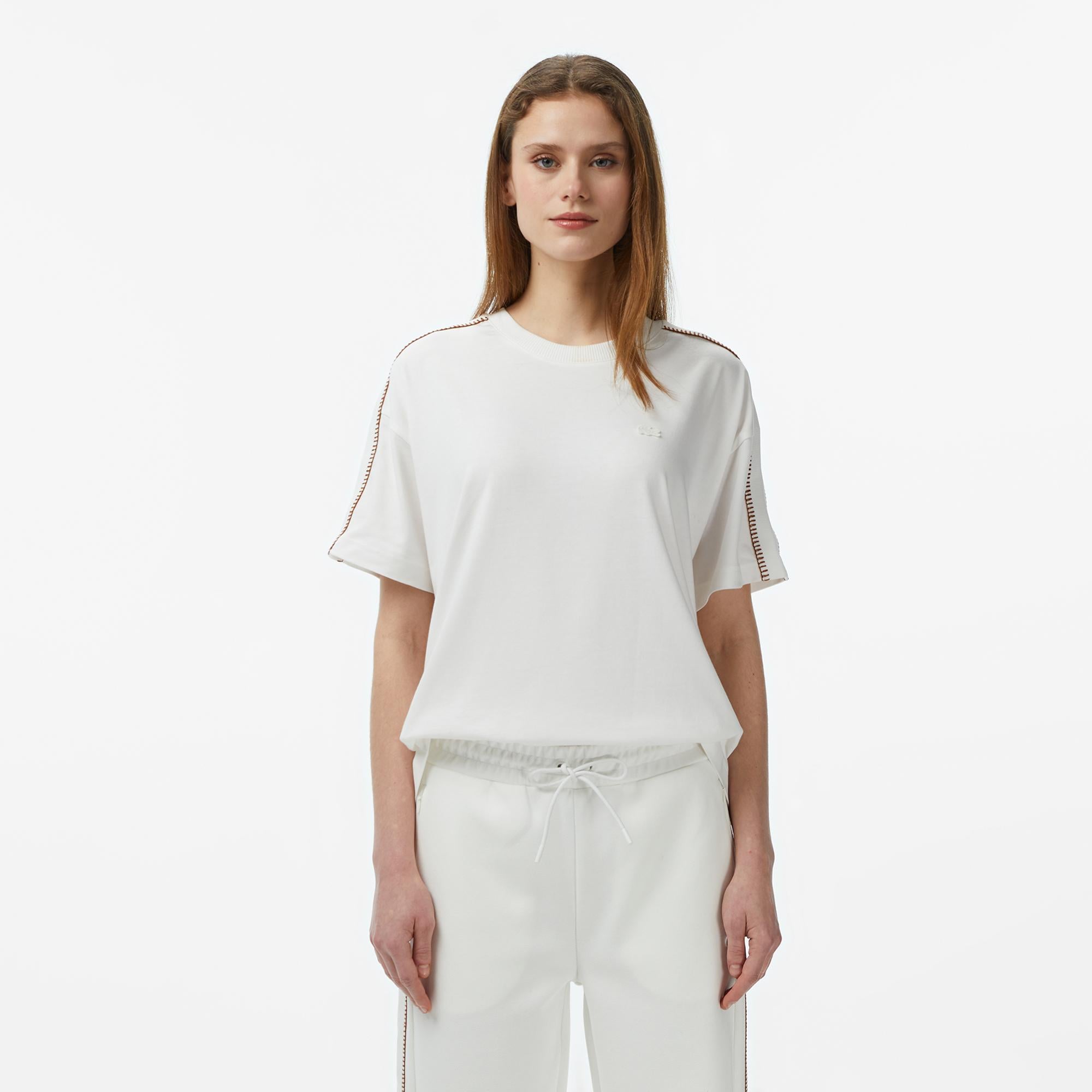 Kadın Loose Fit Bisiklet Yaka Krem T-Shirt