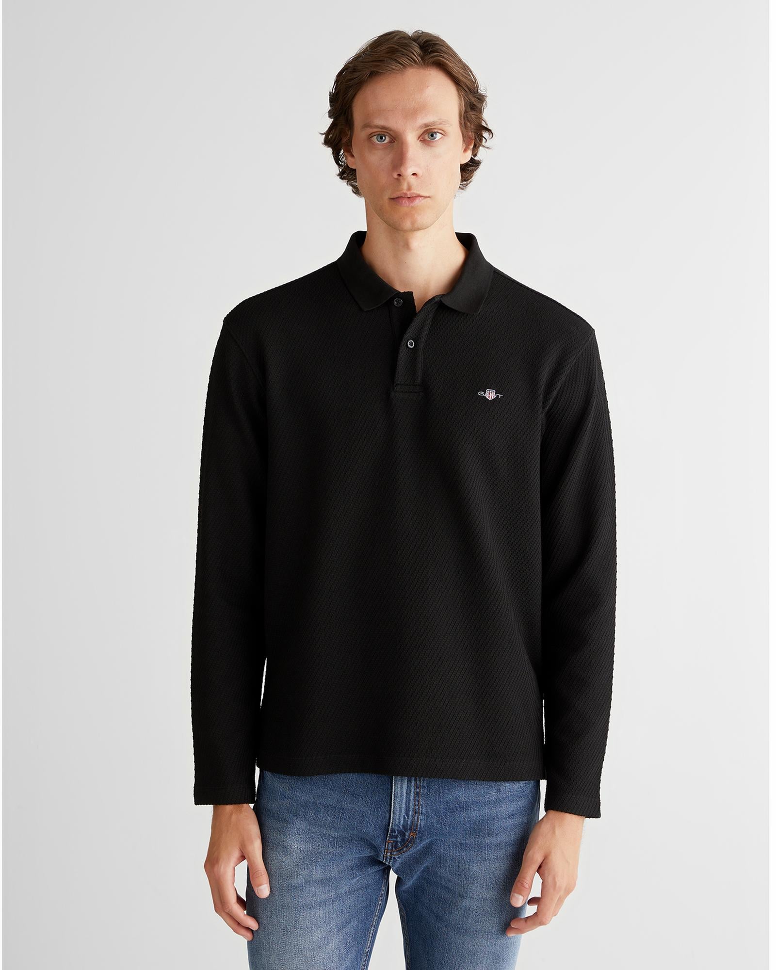 GANT Erkek Siyah Relaxed Fit Polo Yaka Uzun Kollu T-Shirt