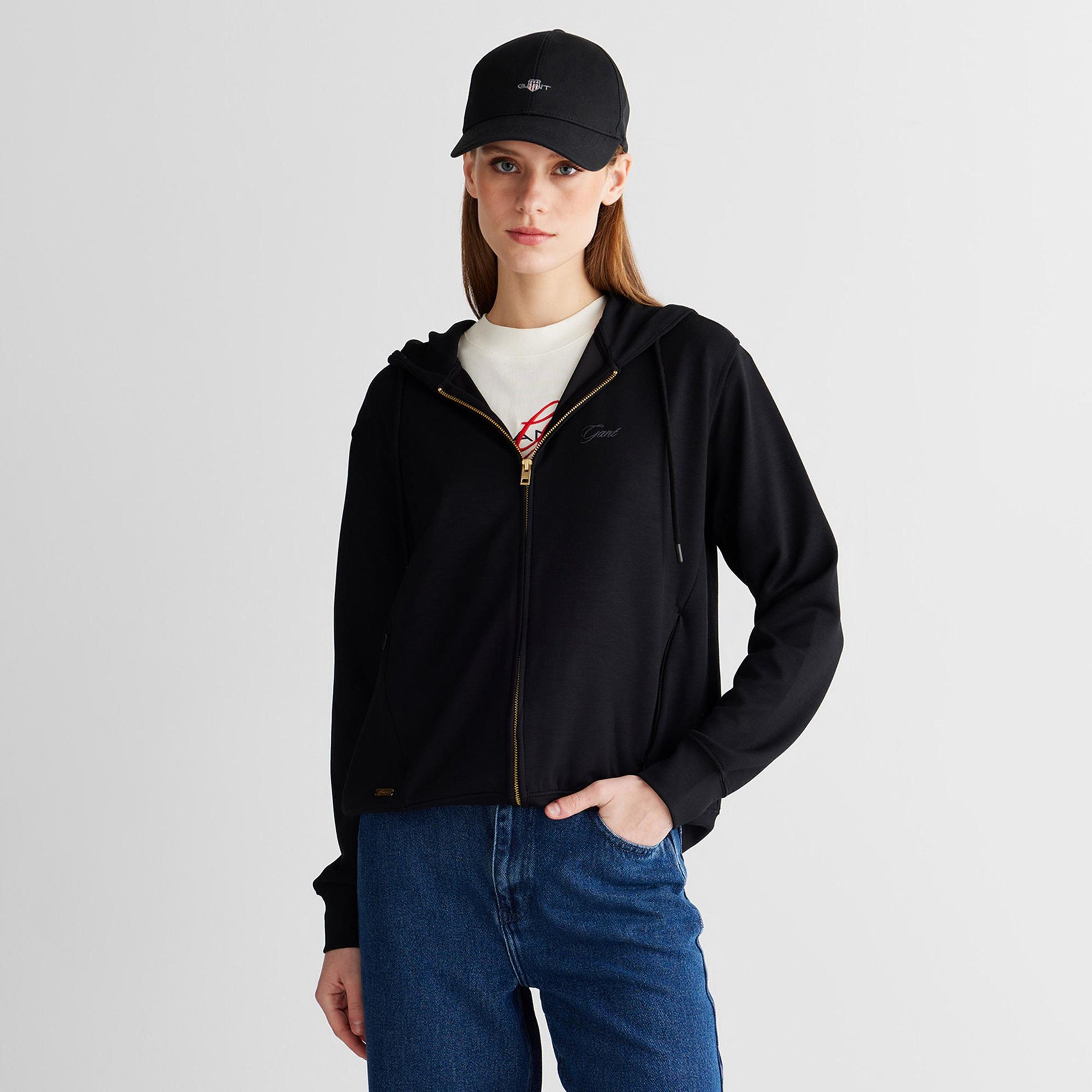 GANT Kadın Siyah Regular Fit Fermuarlı Sweatshirt