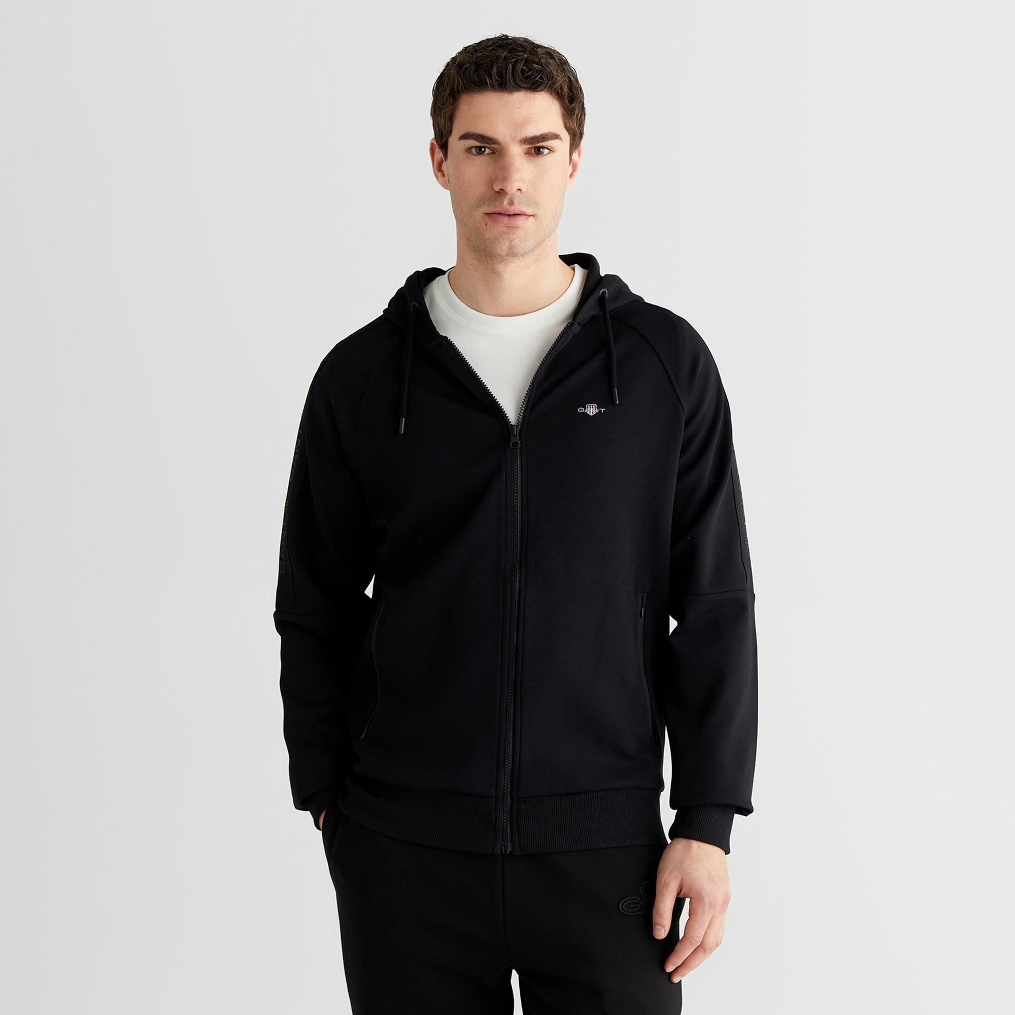 GANT Erkek Siyah Fermuarlı Kapüşonlu Sweatshirt