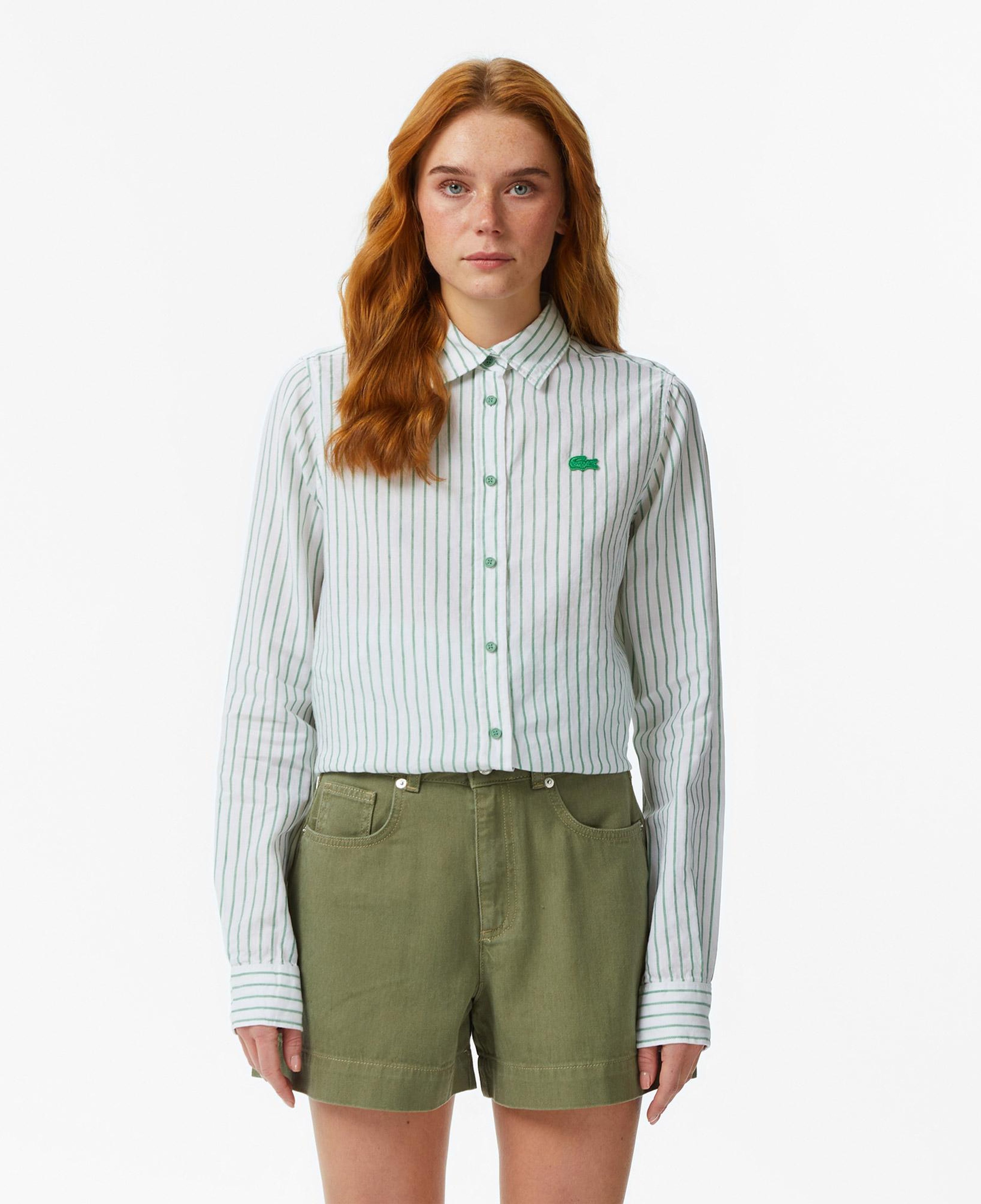 Kadın Relaxed Fit Keten Çizgili Yeşil Gömlek