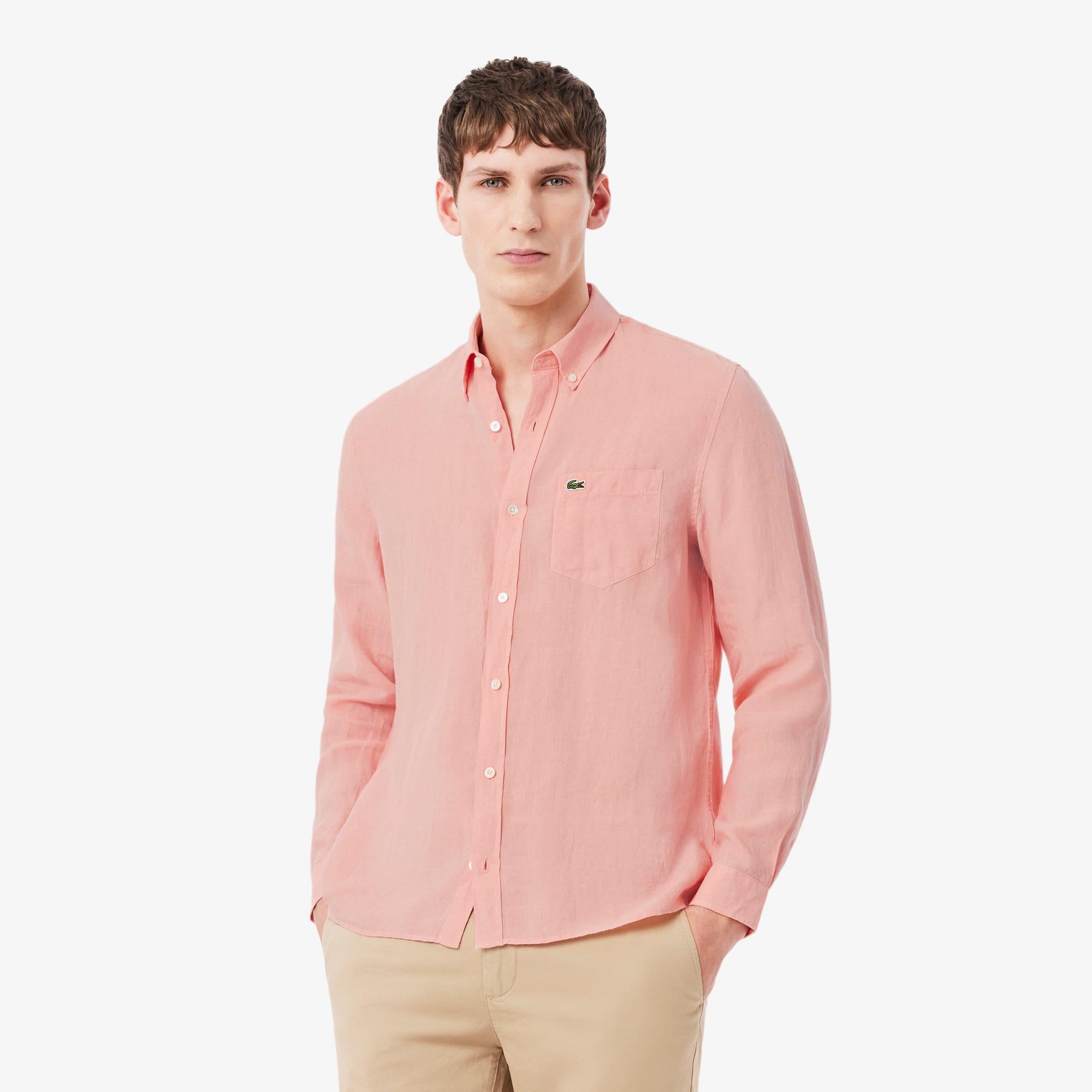 Erkek Regular Fit Düğmeli Yaka Keten Pembe Gömlek