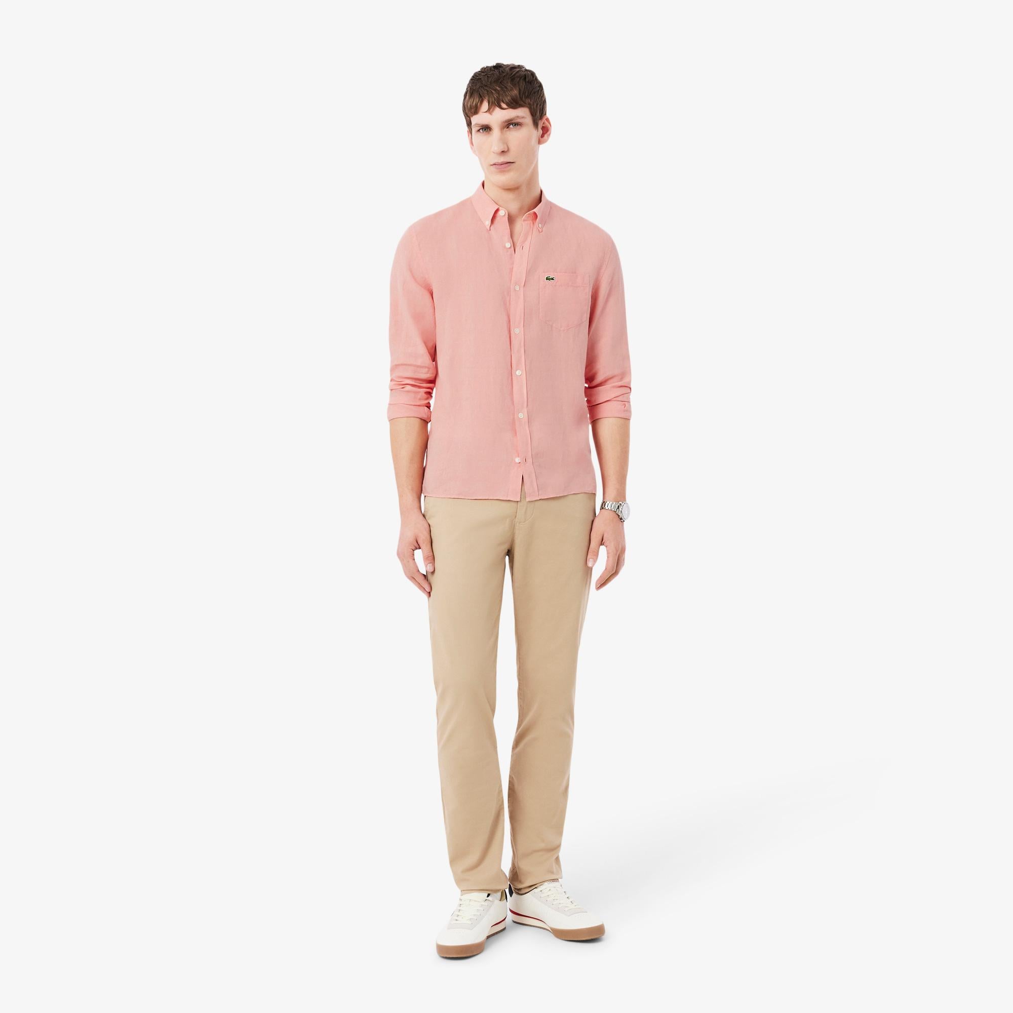 Erkek Regular Fit Düğmeli Yaka Keten Pembe Gömlek