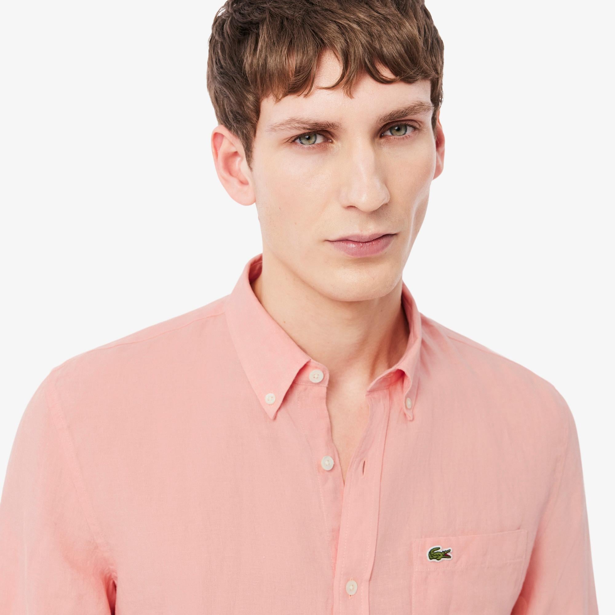 Erkek Regular Fit Düğmeli Yaka Keten Pembe Gömlek