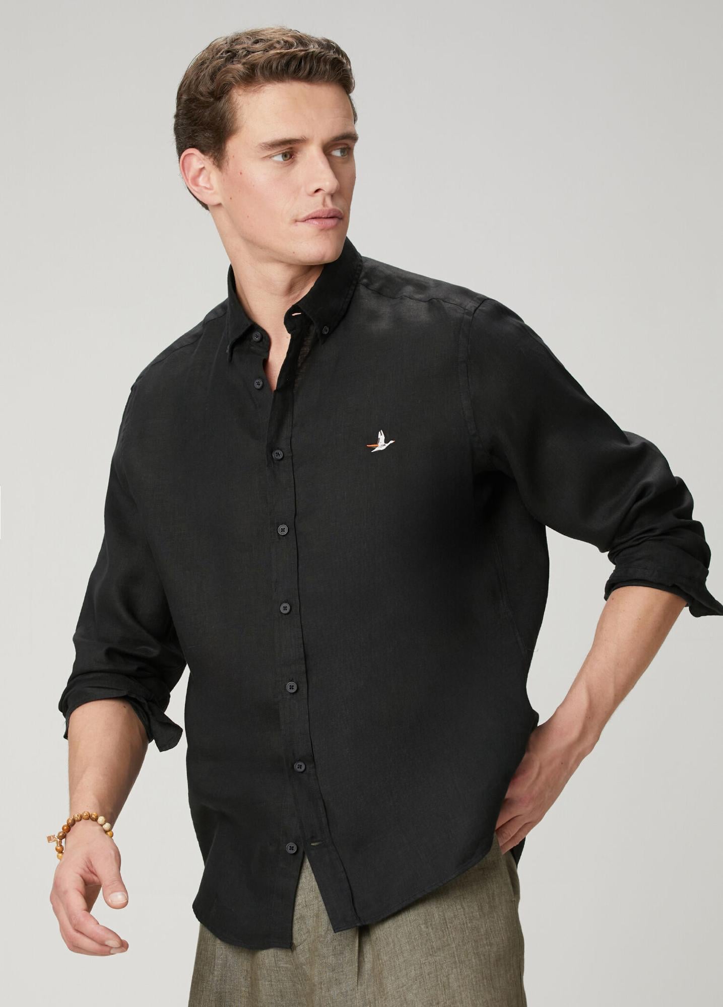 Beymen Club Erkek Siyah Comfort Fit Keten Gömlek