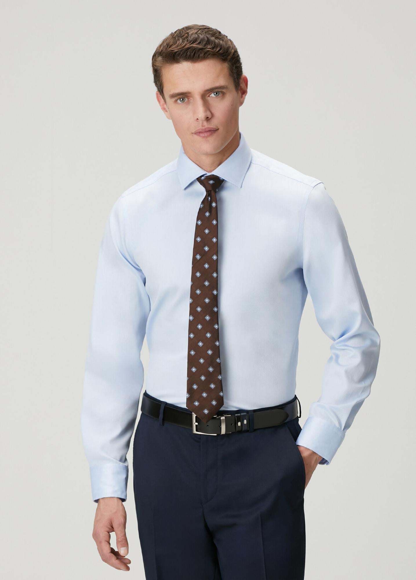 Beymen Club Erkek Slim Fit Açık Mavi Armürlü Non-Iron Gömlek