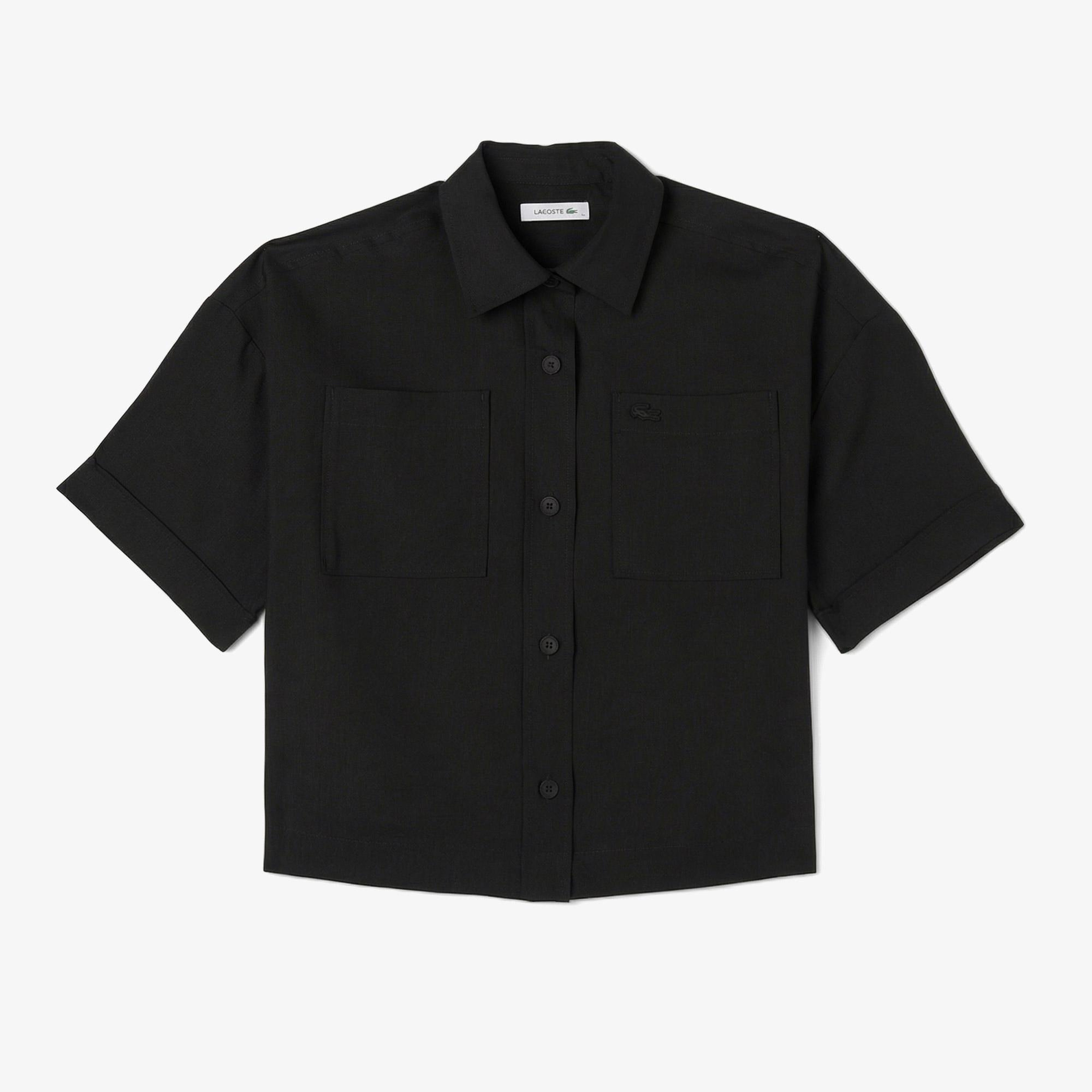 Kadın Relaxed Fit Truvakar Kollu Keten Siyah Gömlek