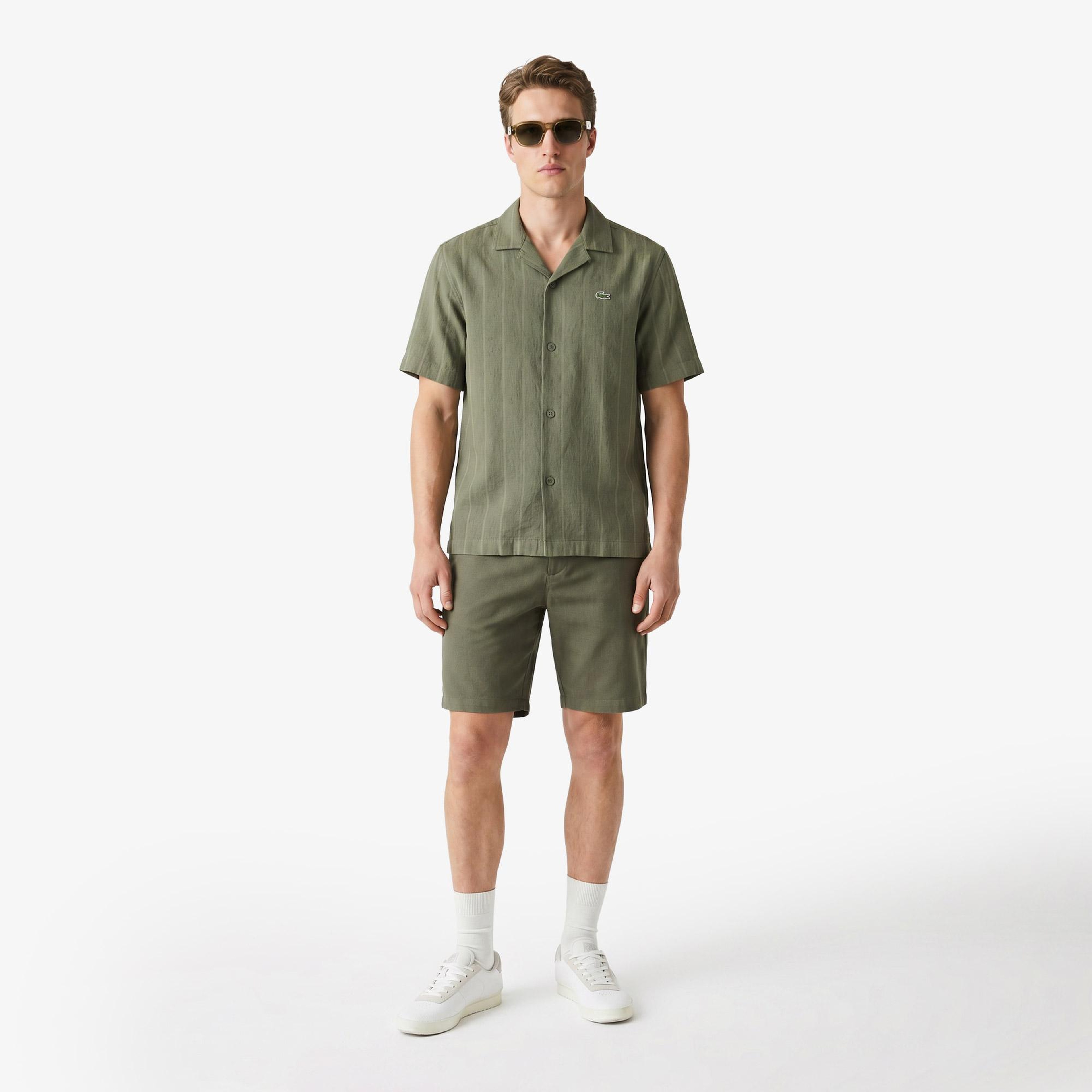 Erkek Tapered Fit Keten Haki Bermuda Şort