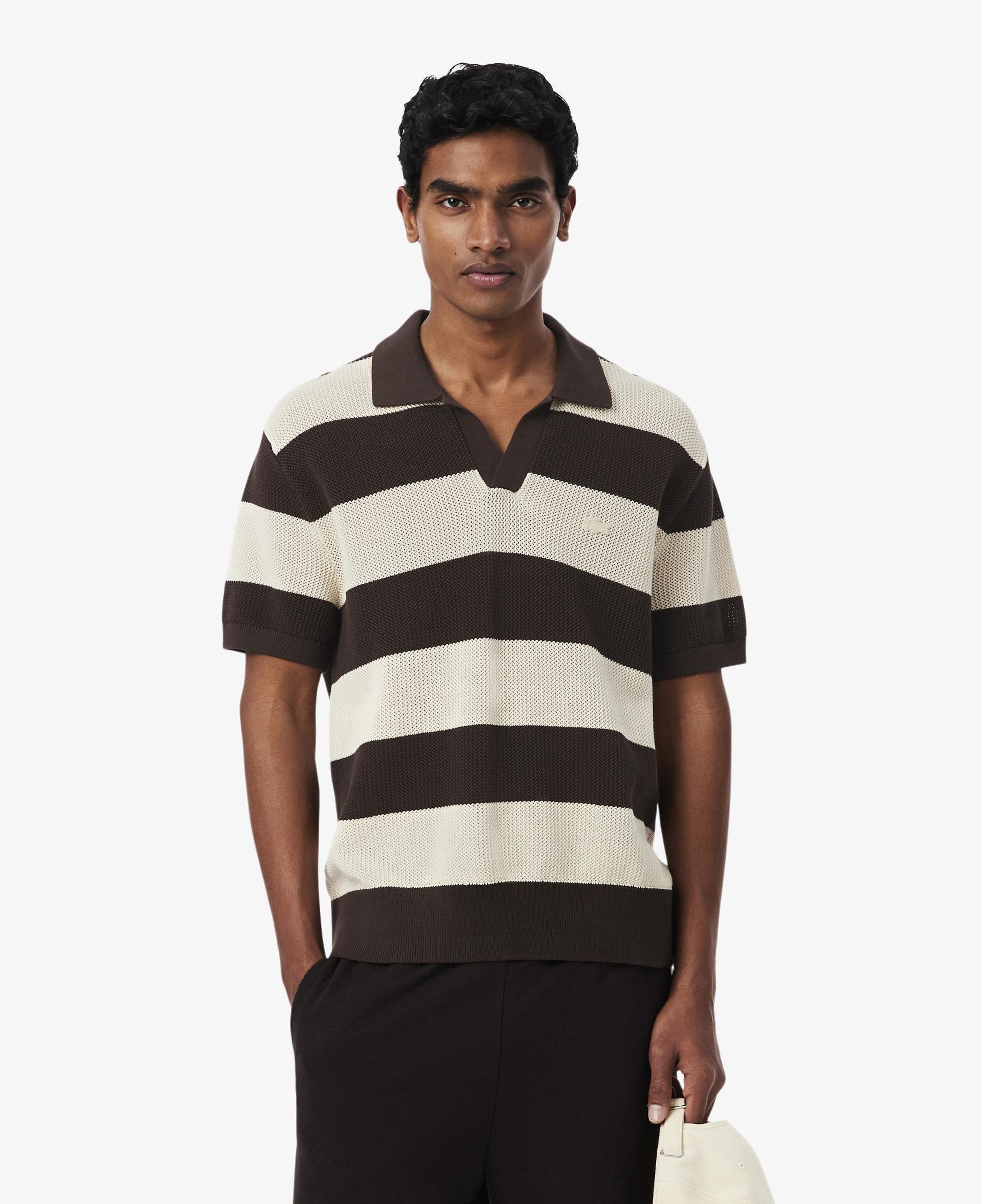 Erkek Classic Fit Kısa Kollu Polo Yaka Çizgili Kahverengi Triko
