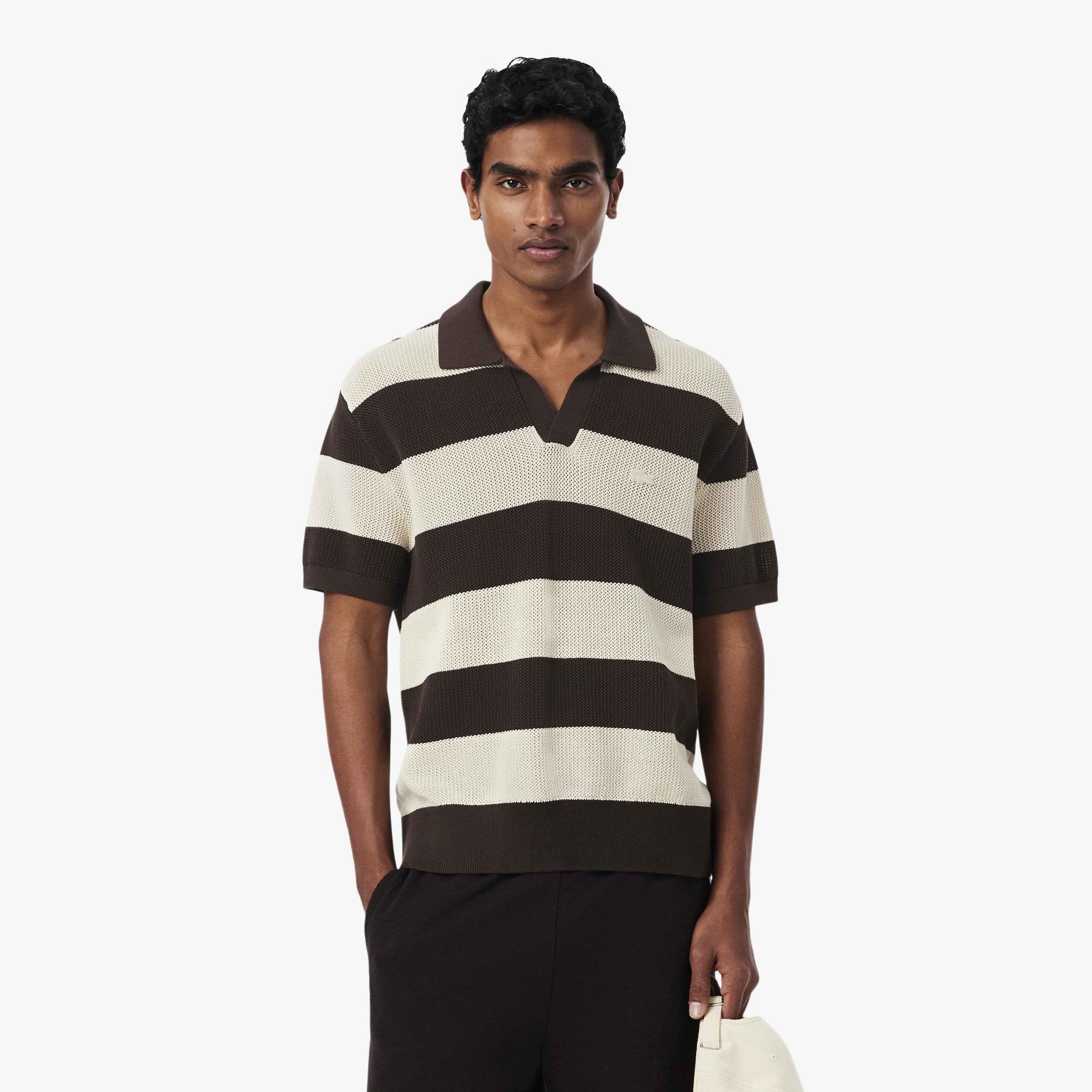 Erkek Classic Fit Kısa Kollu Polo Yaka Çizgili Kahverengi Triko