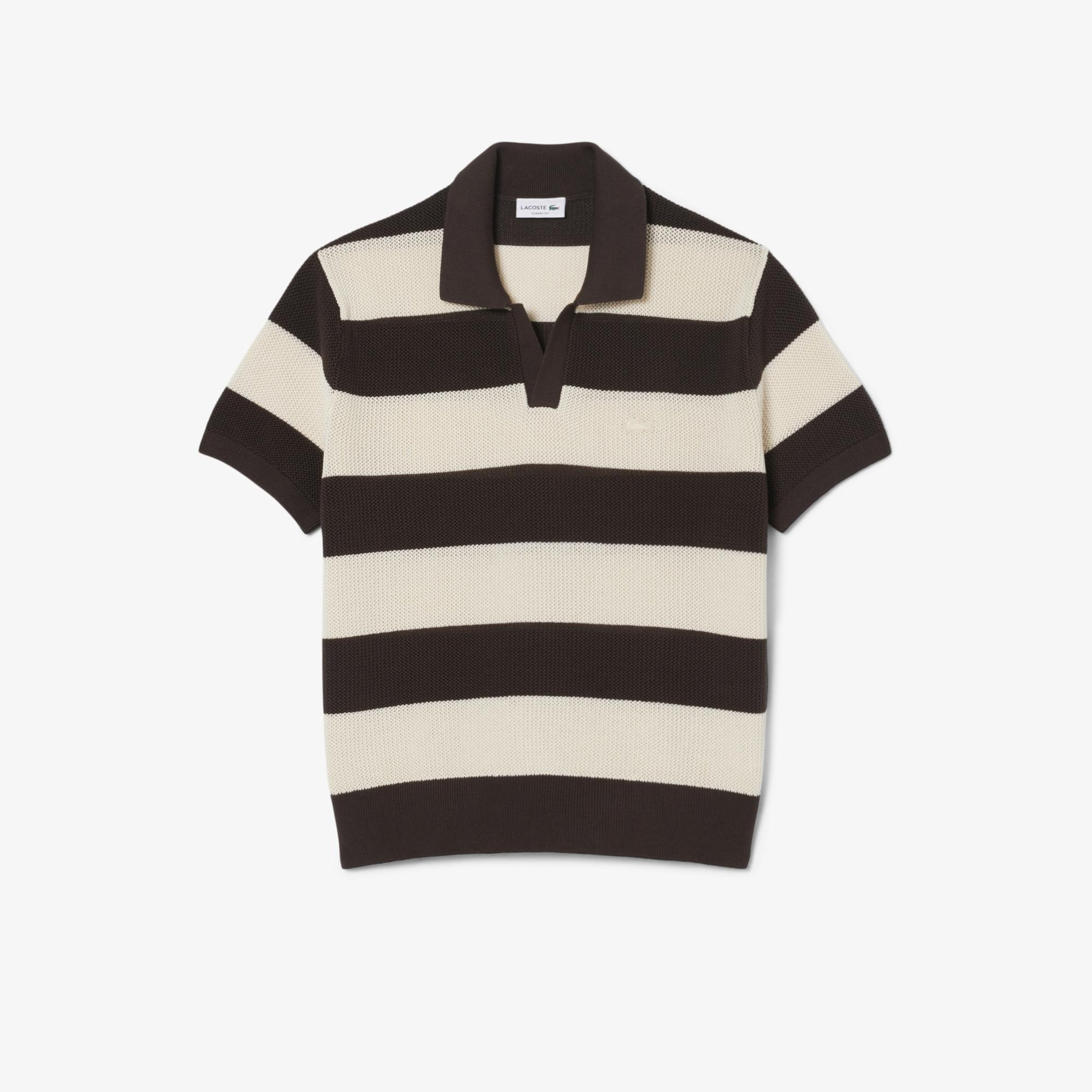 Erkek Classic Fit Kısa Kollu Polo Yaka Çizgili Kahverengi Triko
