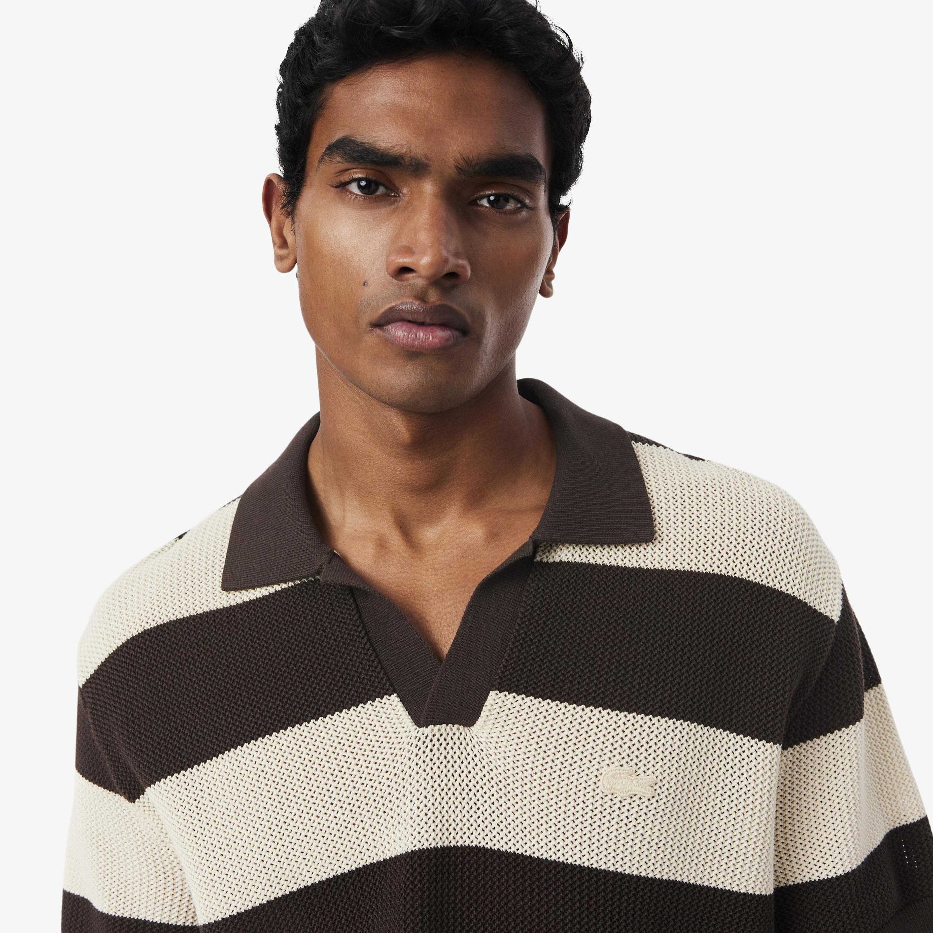 Erkek Classic Fit Kısa Kollu Polo Yaka Çizgili Kahverengi Triko