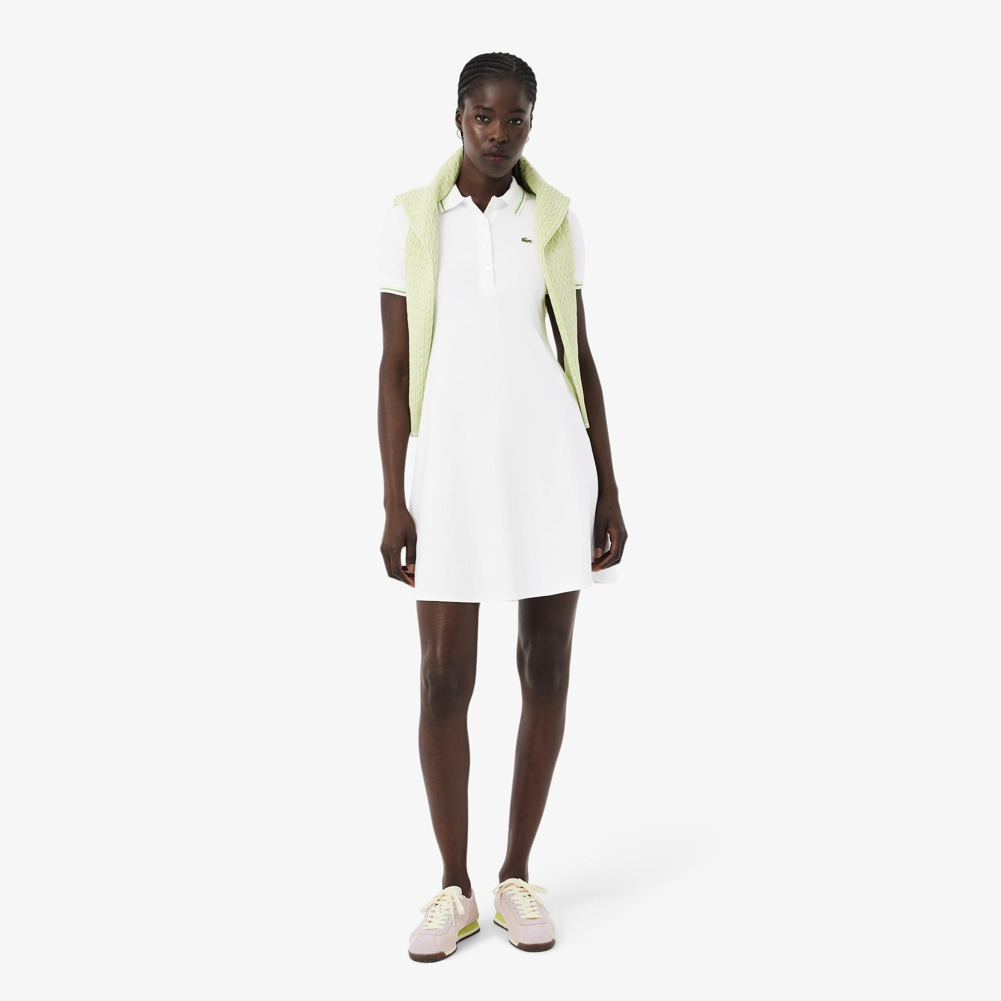 Lacoste Kadın Flare Fit Kısa Kollu Polo Yaka Organik Pamuk Beyaz Elbise
