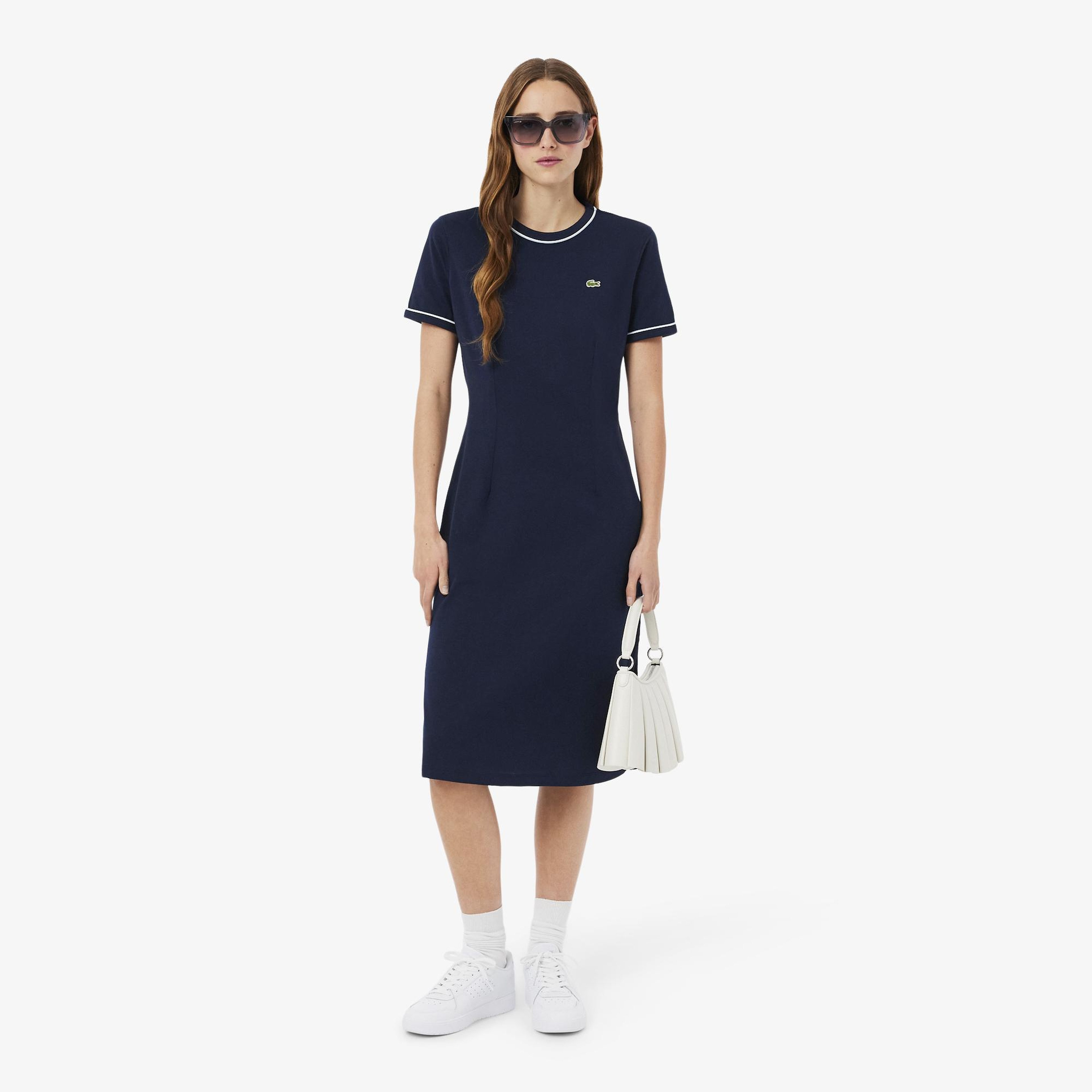 Kadın Slim Fit Kısa Kollu Bisiklet Yaka Organik Pamuk Lacivert Elbise