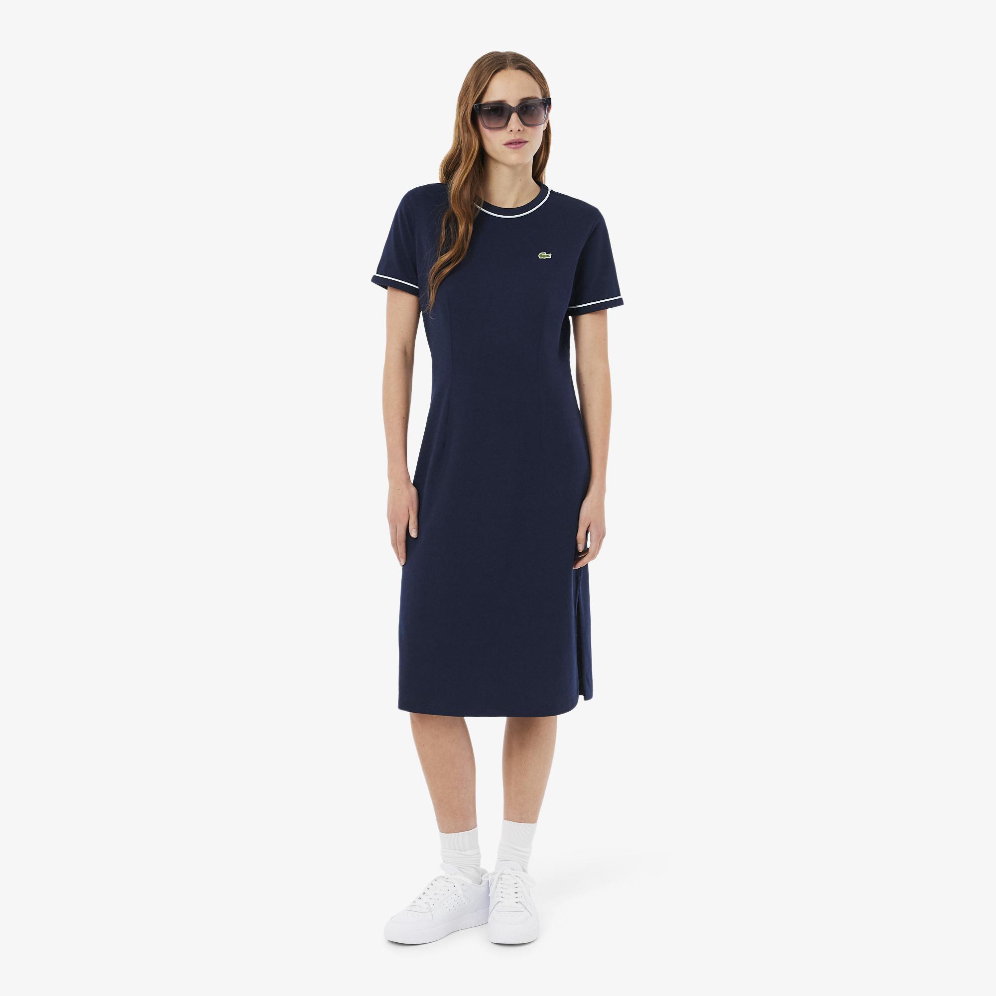 Kadın Slim Fit Kısa Kollu Bisiklet Yaka Organik Pamuk Lacivert Elbise