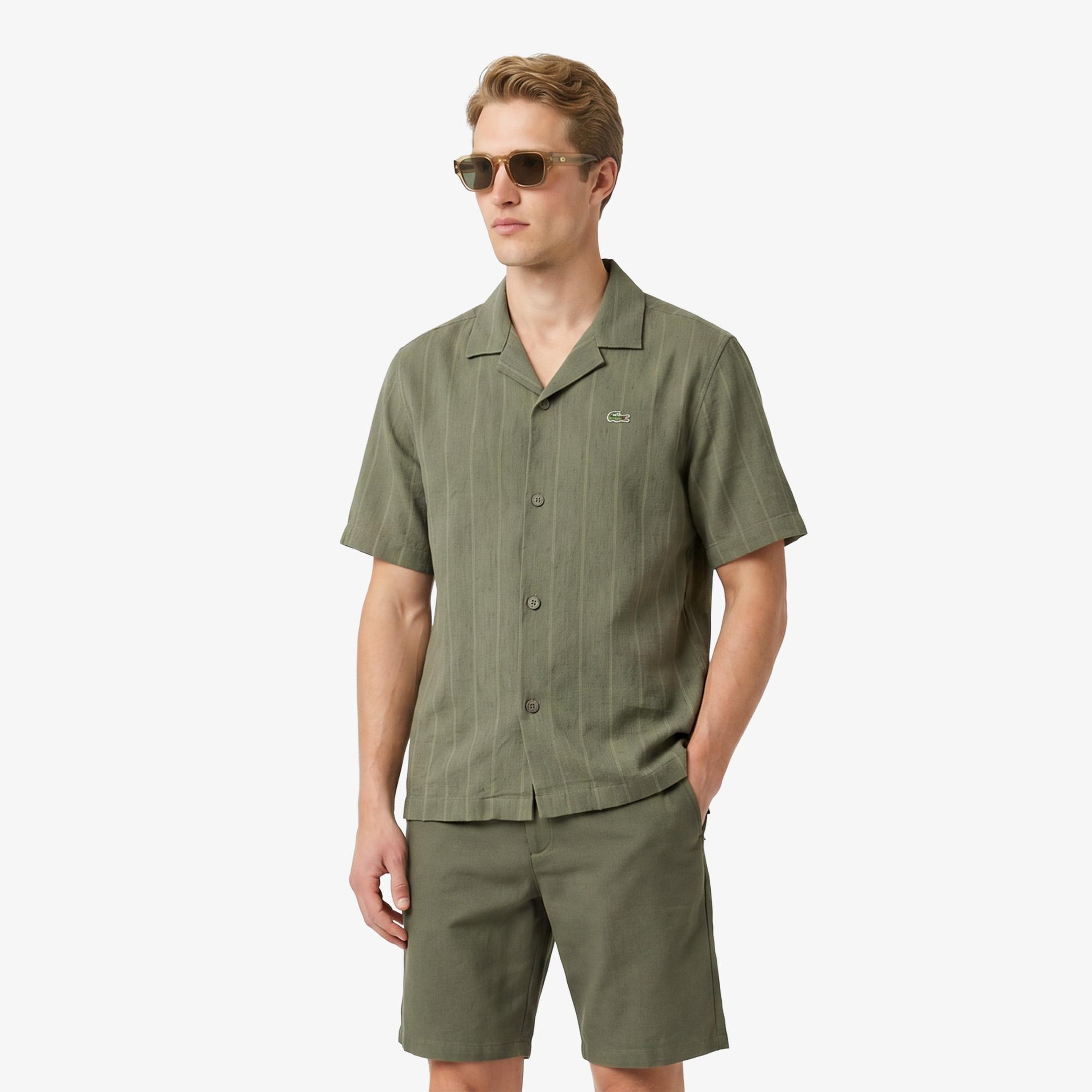 Erkek Relaxed Fit Kısa Kollu Çizgili Haki Gömlek