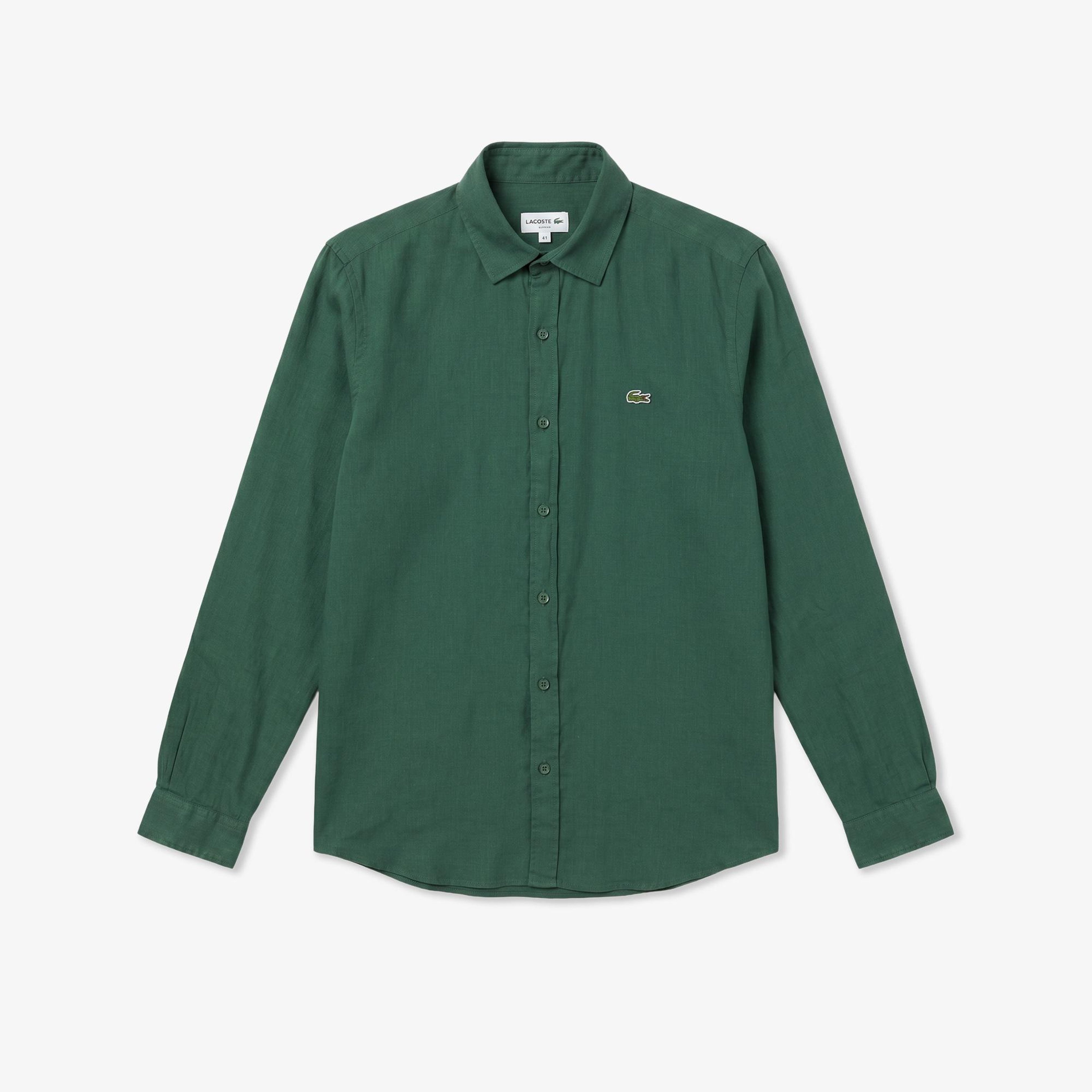 Erkek Regular Fit Keten Yeşil Gömlek