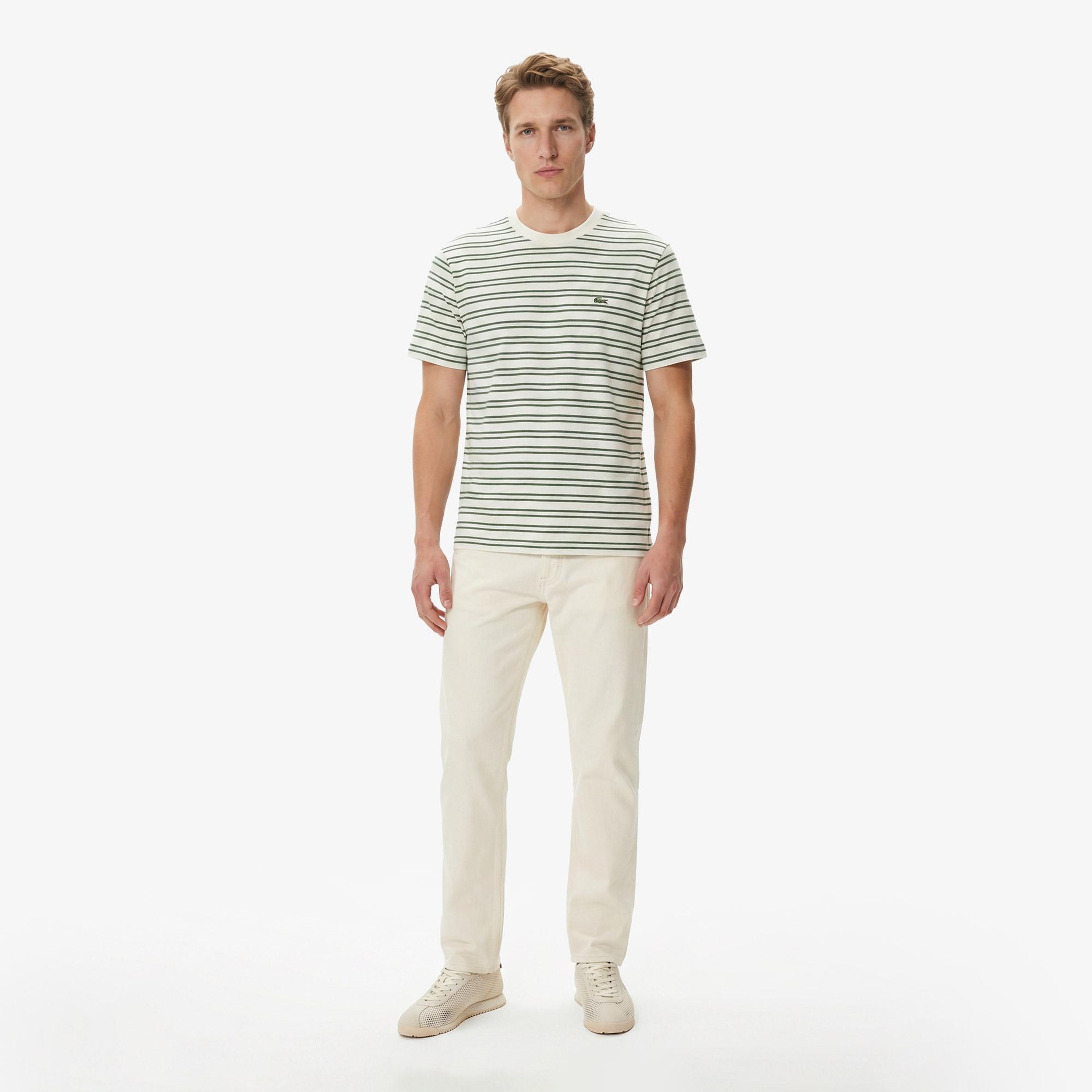 Erkek Classic Fit Bisiklet Yaka Çizgili Yeşil T-Shirt