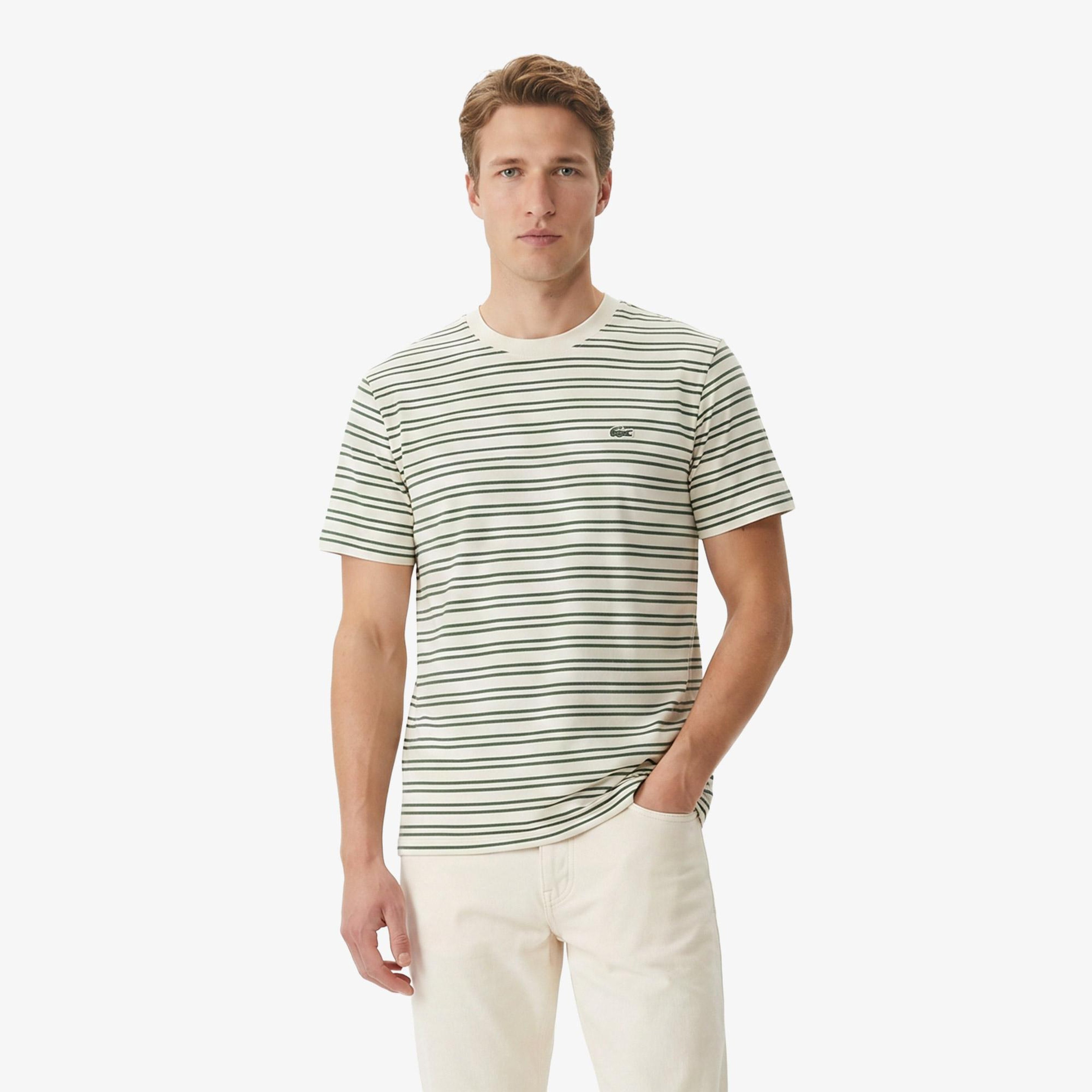 Erkek Classic Fit Bisiklet Yaka Çizgili Yeşil T-Shirt