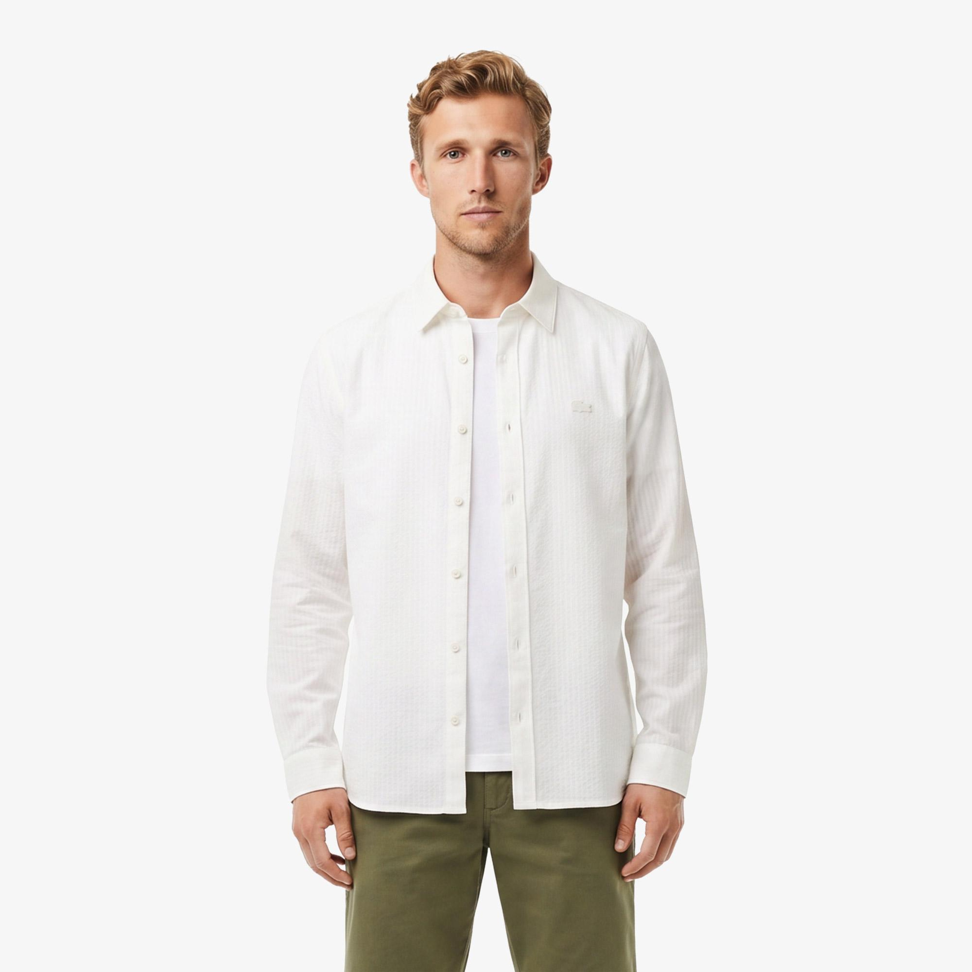 Erkek Regular Fit Düğmeli Yaka Çizgili Beyaz Gömlek