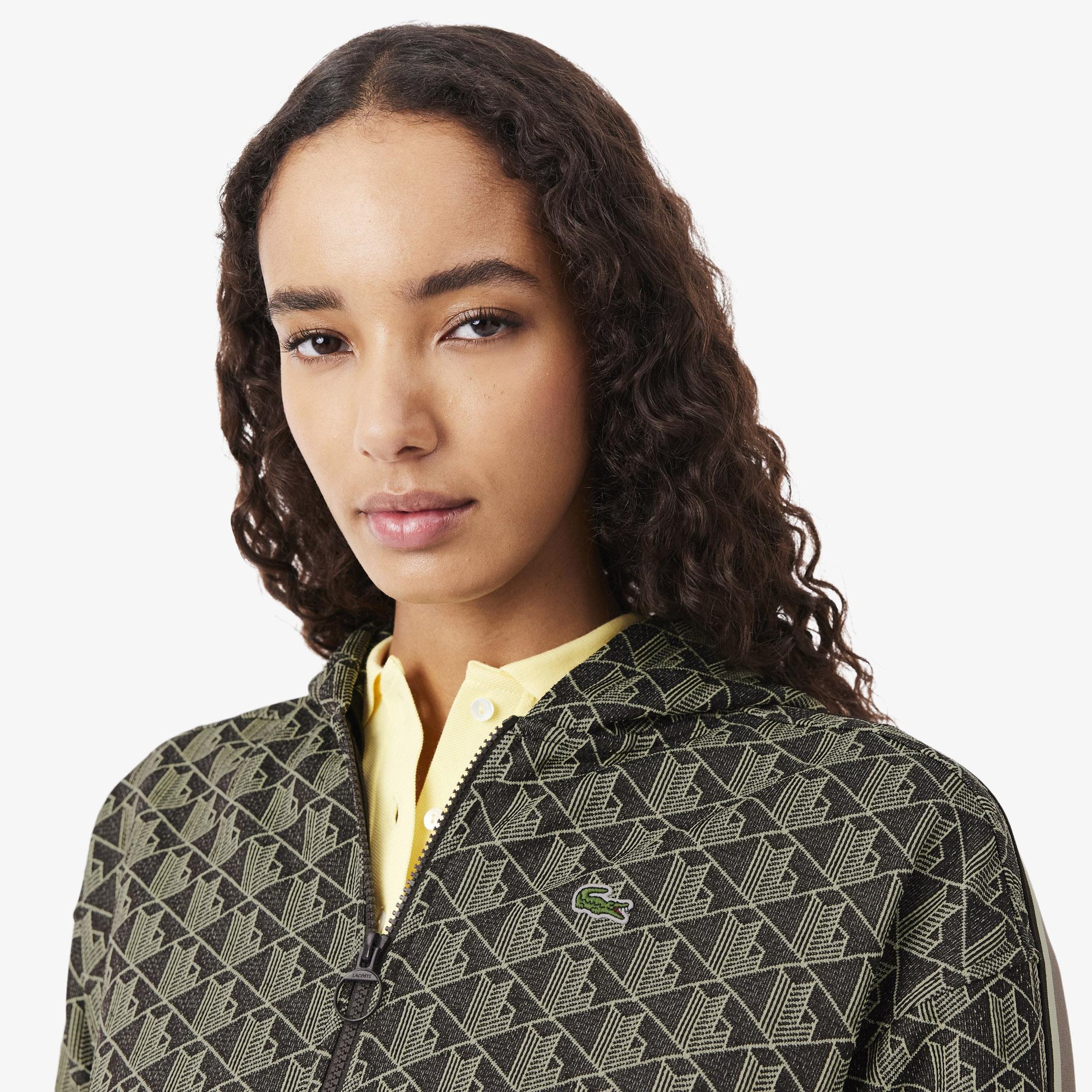 Kadın Regular Fit Fermuarlı Monogram Kahverengi Sweatshirt