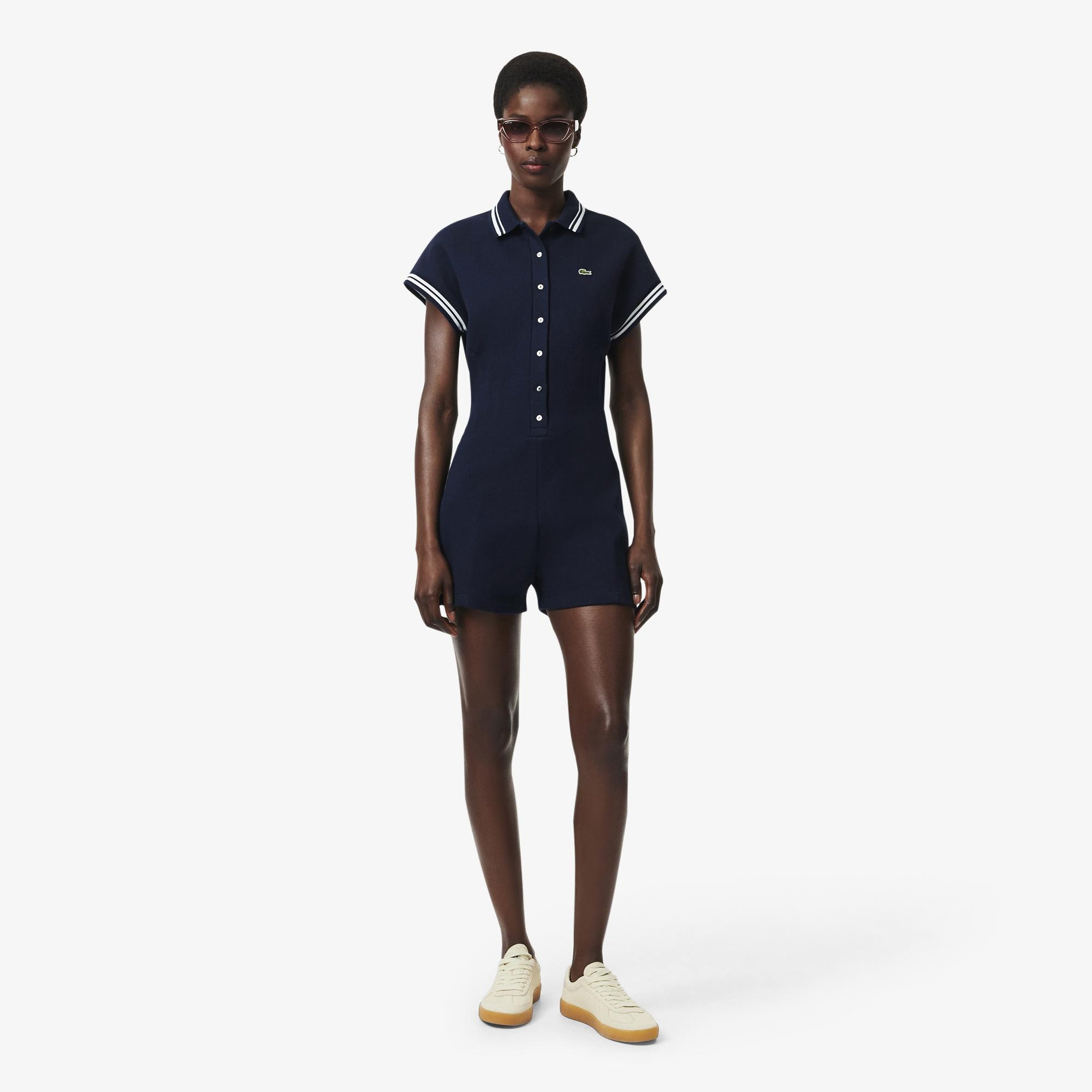 Kadın Slim Fit Kısa Kollu Polo Yaka Lacivert Tulum