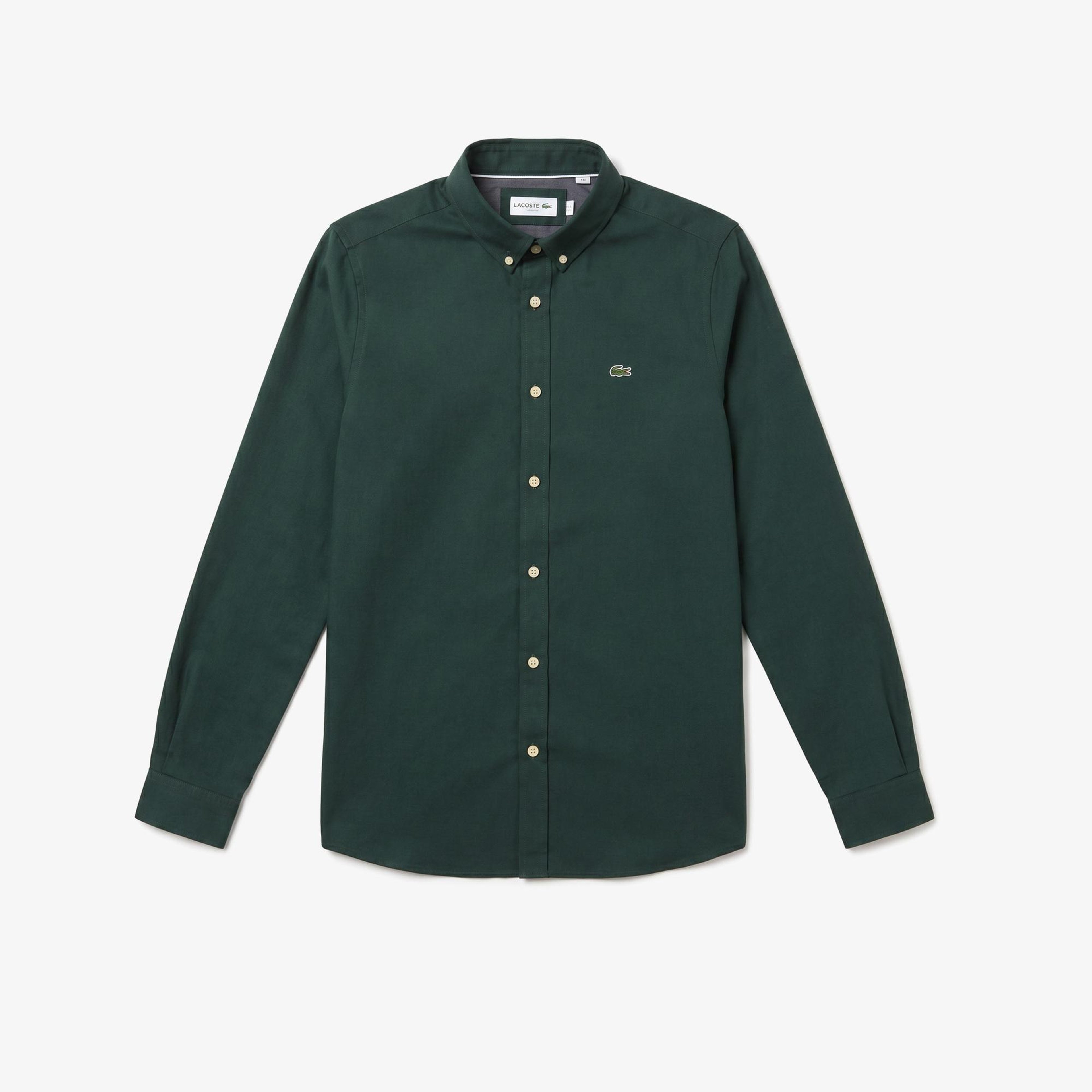 Erkek Slim Fit Düğmeli Yaka Koyu Yeşil Gömlek