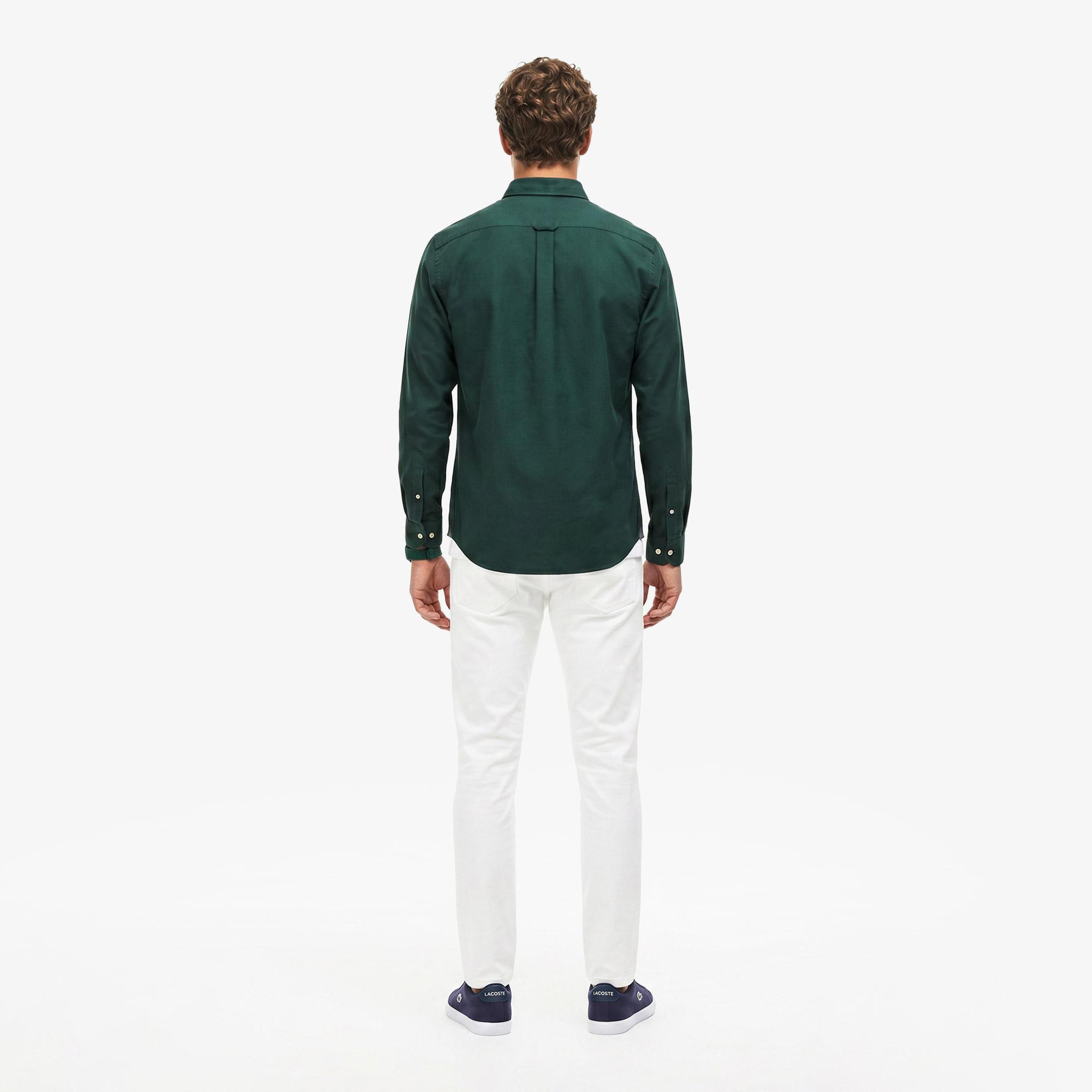 Erkek Slim Fit Düğmeli Yaka Koyu Yeşil Gömlek