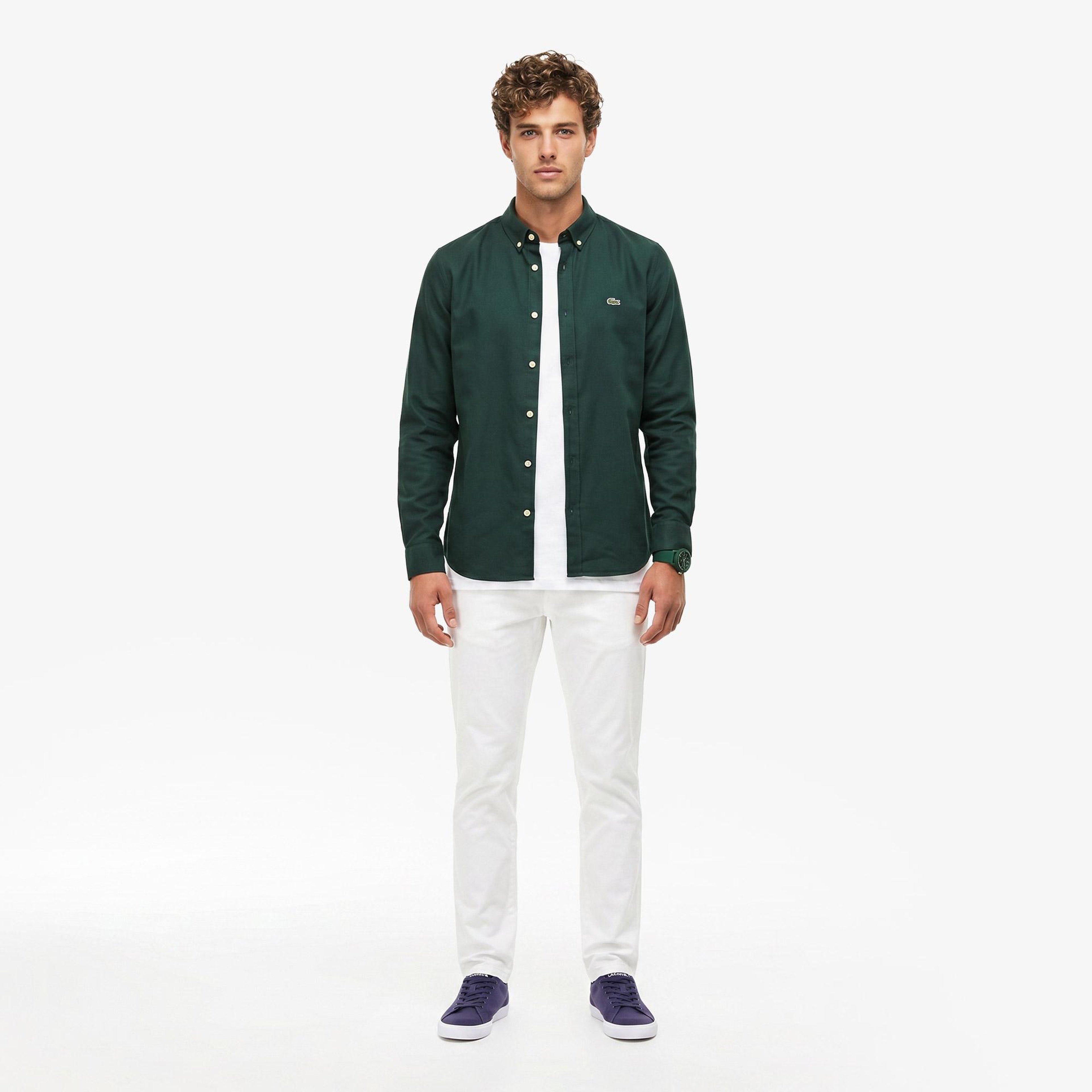 Erkek Slim Fit Düğmeli Yaka Koyu Yeşil Gömlek