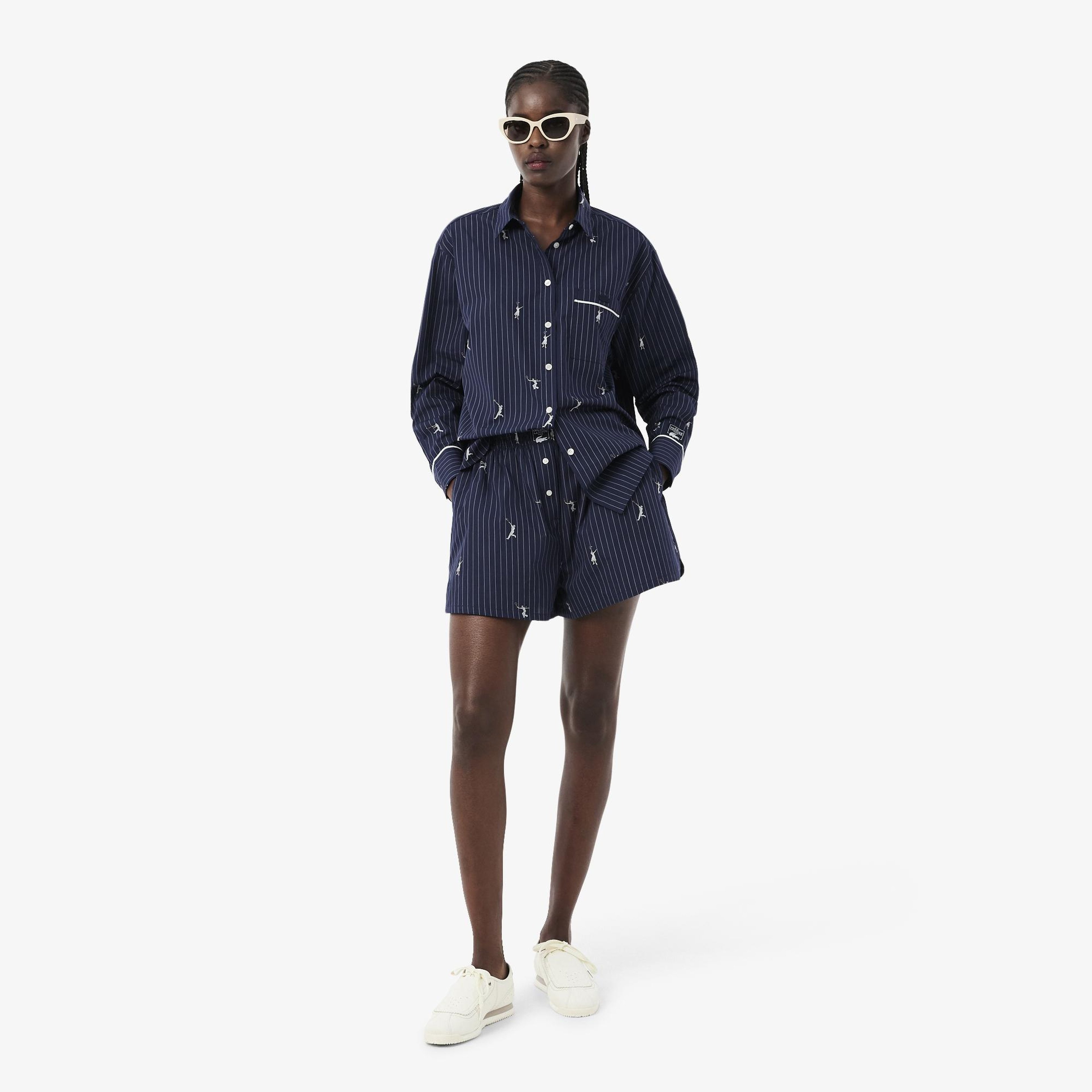 Kadın Oversize Fit Çizgili Lacivert Şort