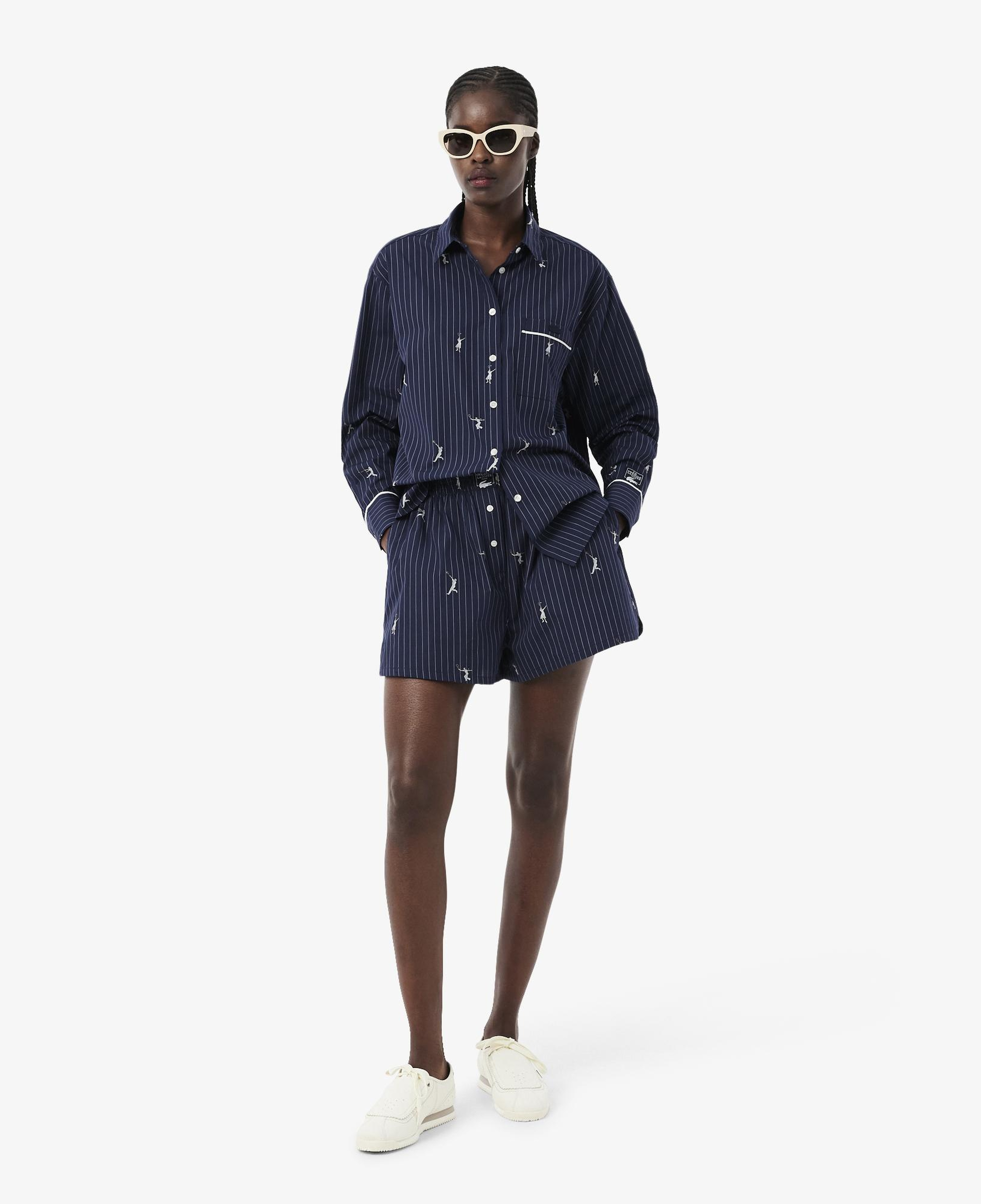 Kadın Oversize Fit Çizgili Lacivert Şort