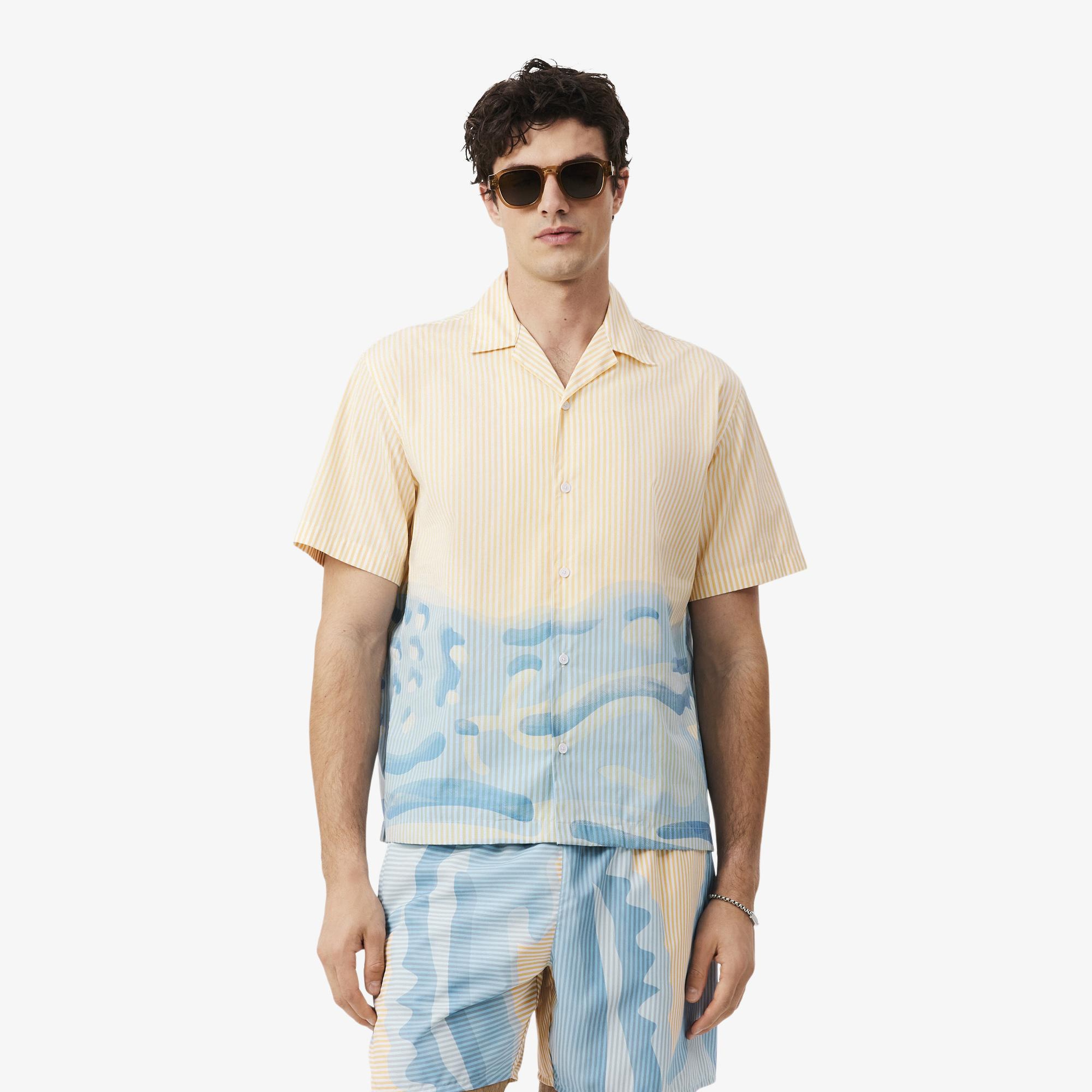 Erkek Relaxed Fit Kısa Kollu Çizgili Bej Gömlek