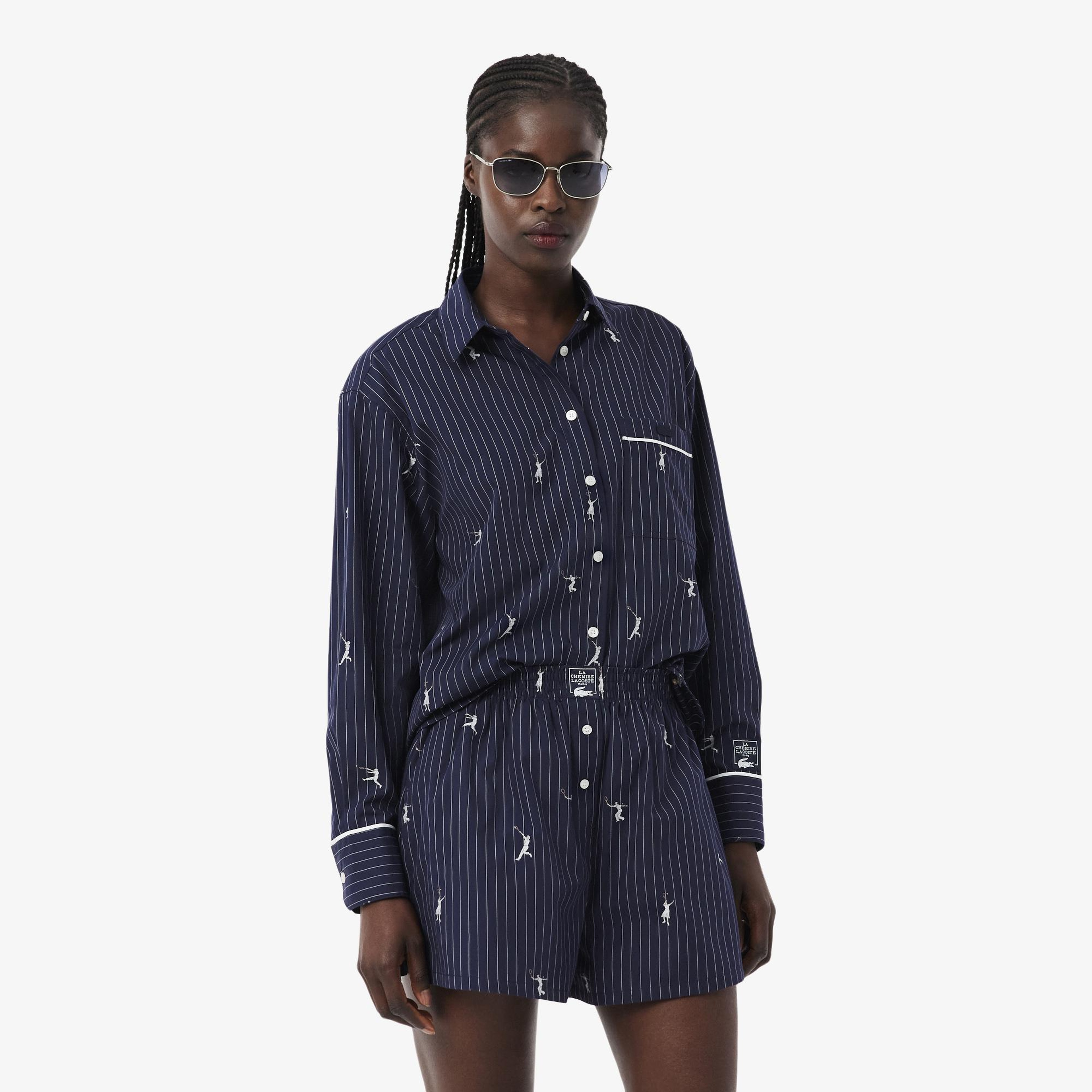 Kadın Oversize Fit Çizgili Lacivert Gömlek
