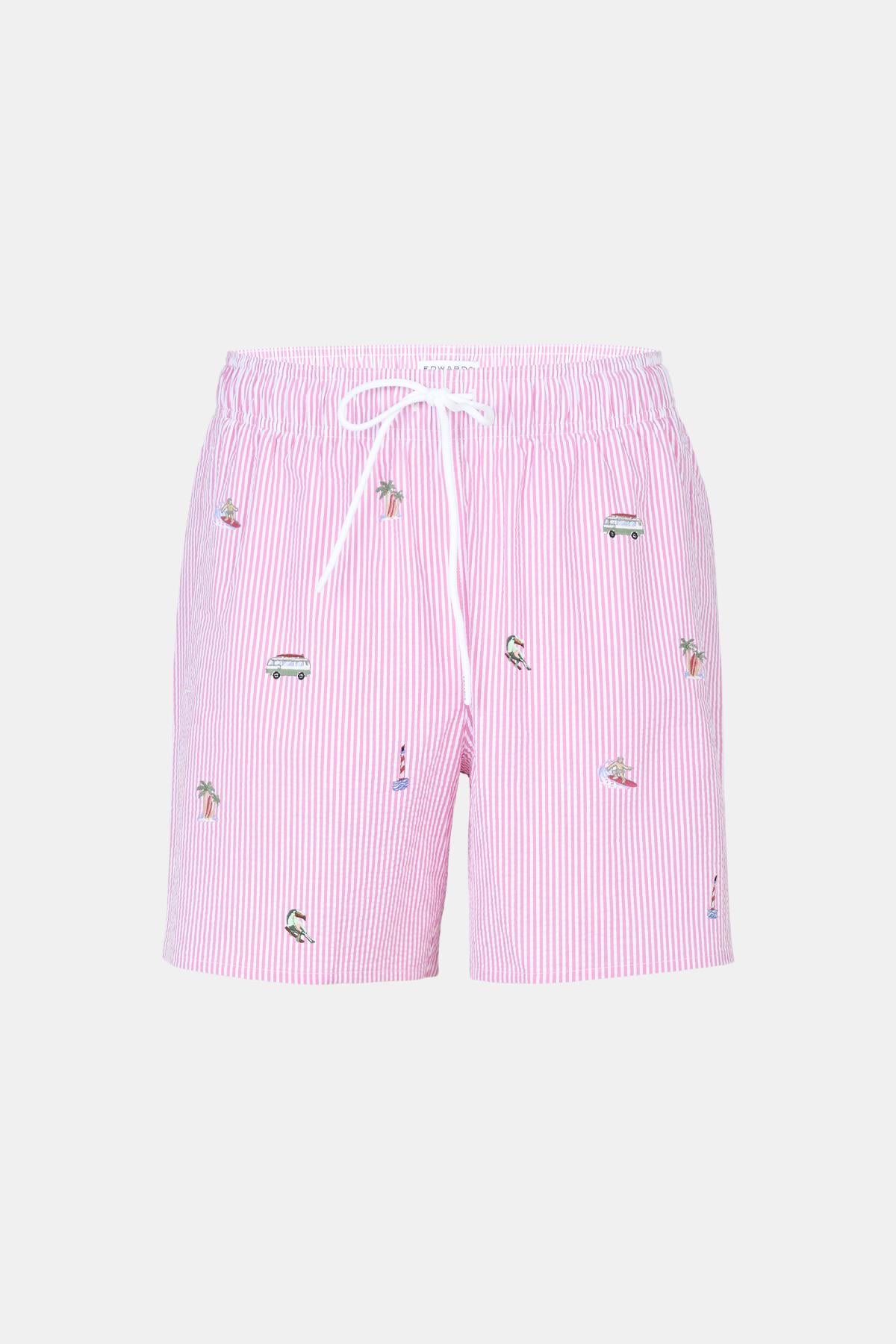 Erkek Pembe Nakışlı Gofre Deniz Şortu
