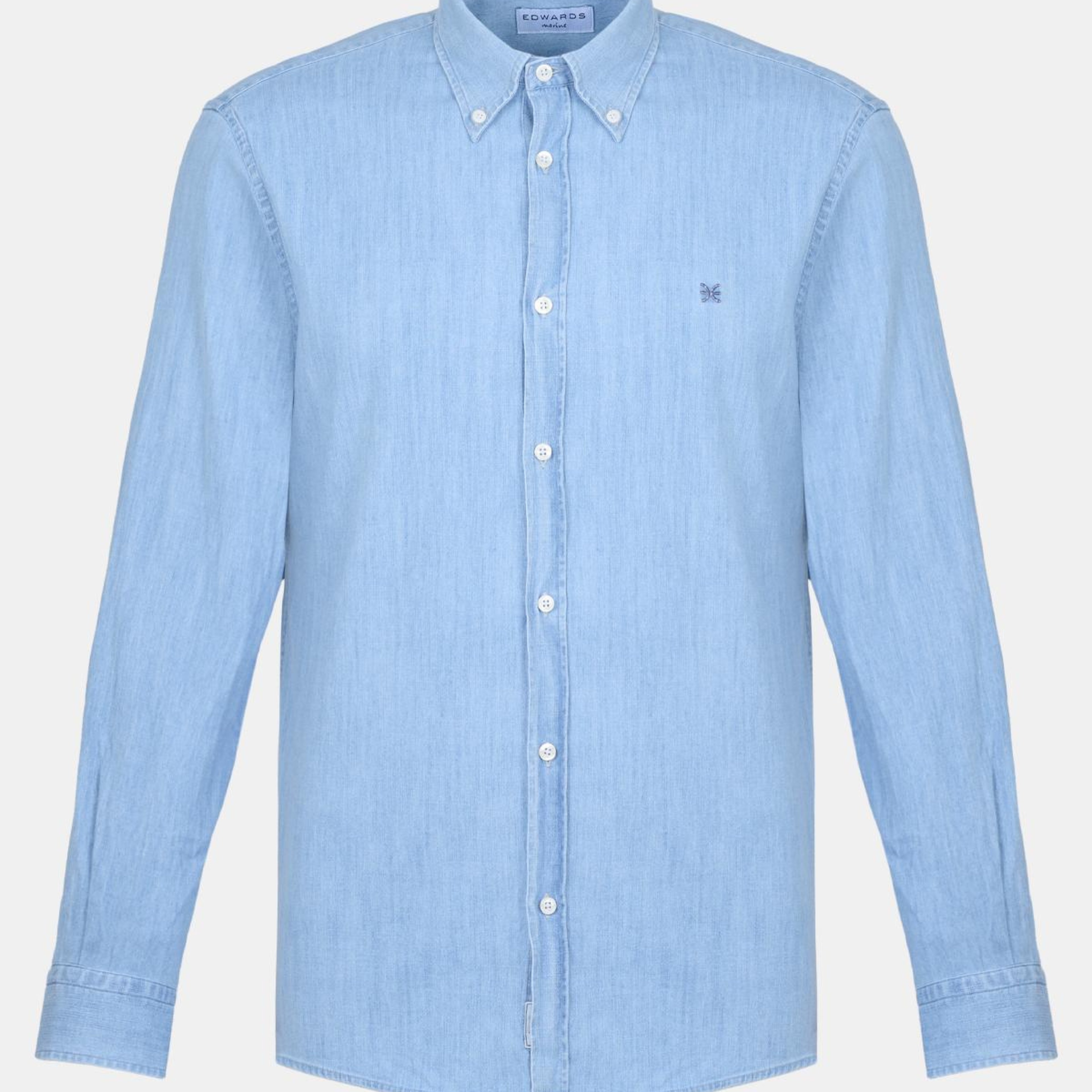 Erkek Mavi Düğmeli Yaka Denim Gömlek