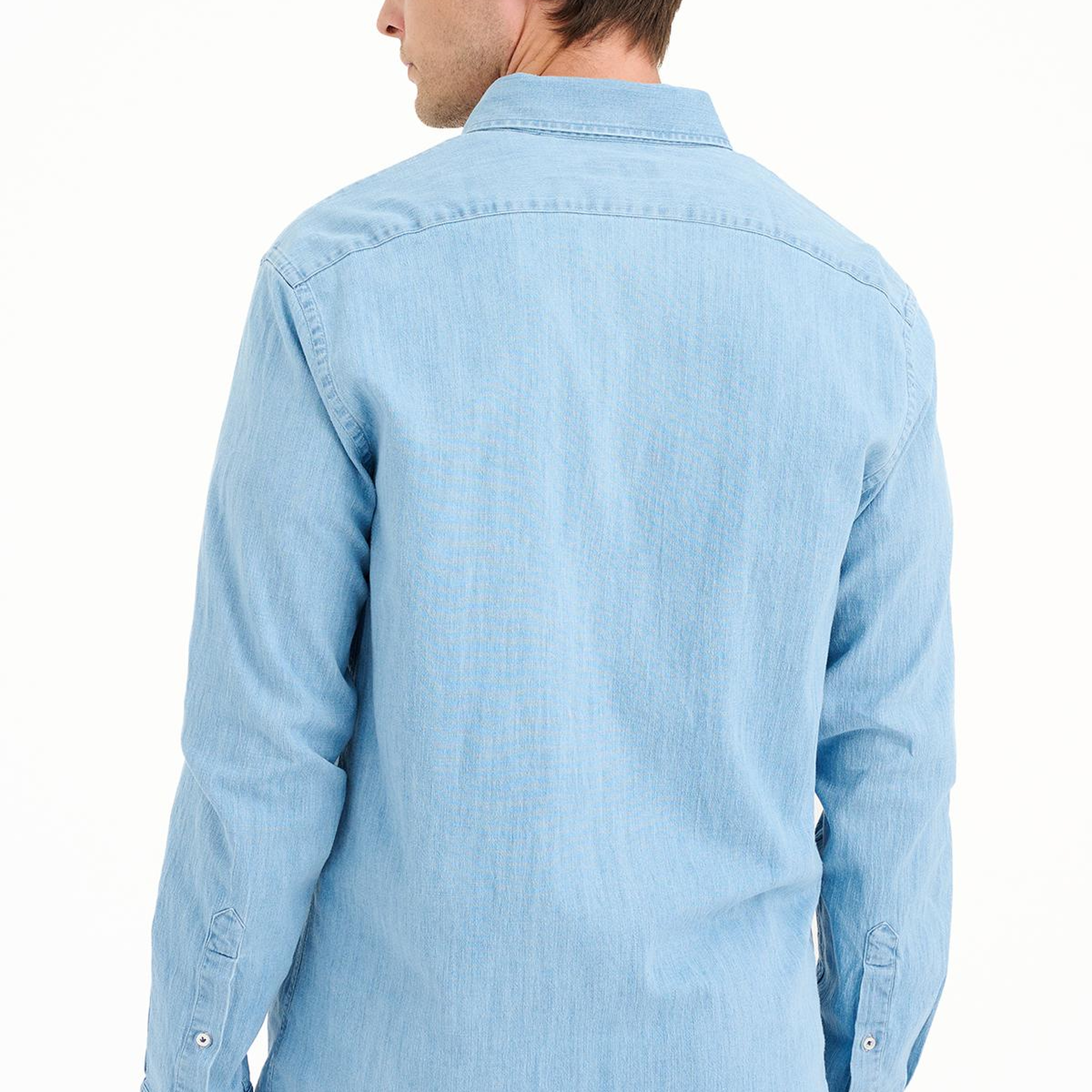 Erkek Mavi Düğmeli Yaka Denim Gömlek
