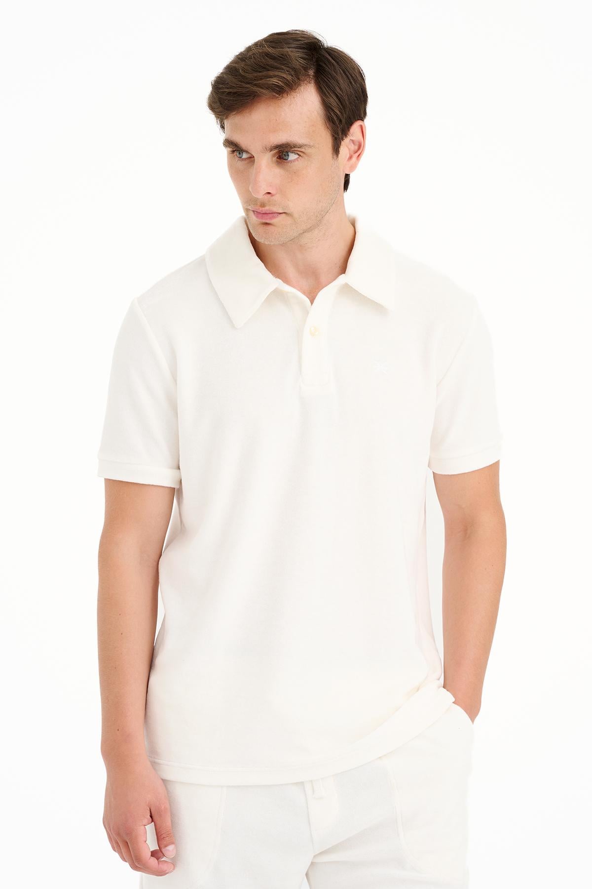 Erkek Beyaz Polo Yaka Havlu T-Shirt