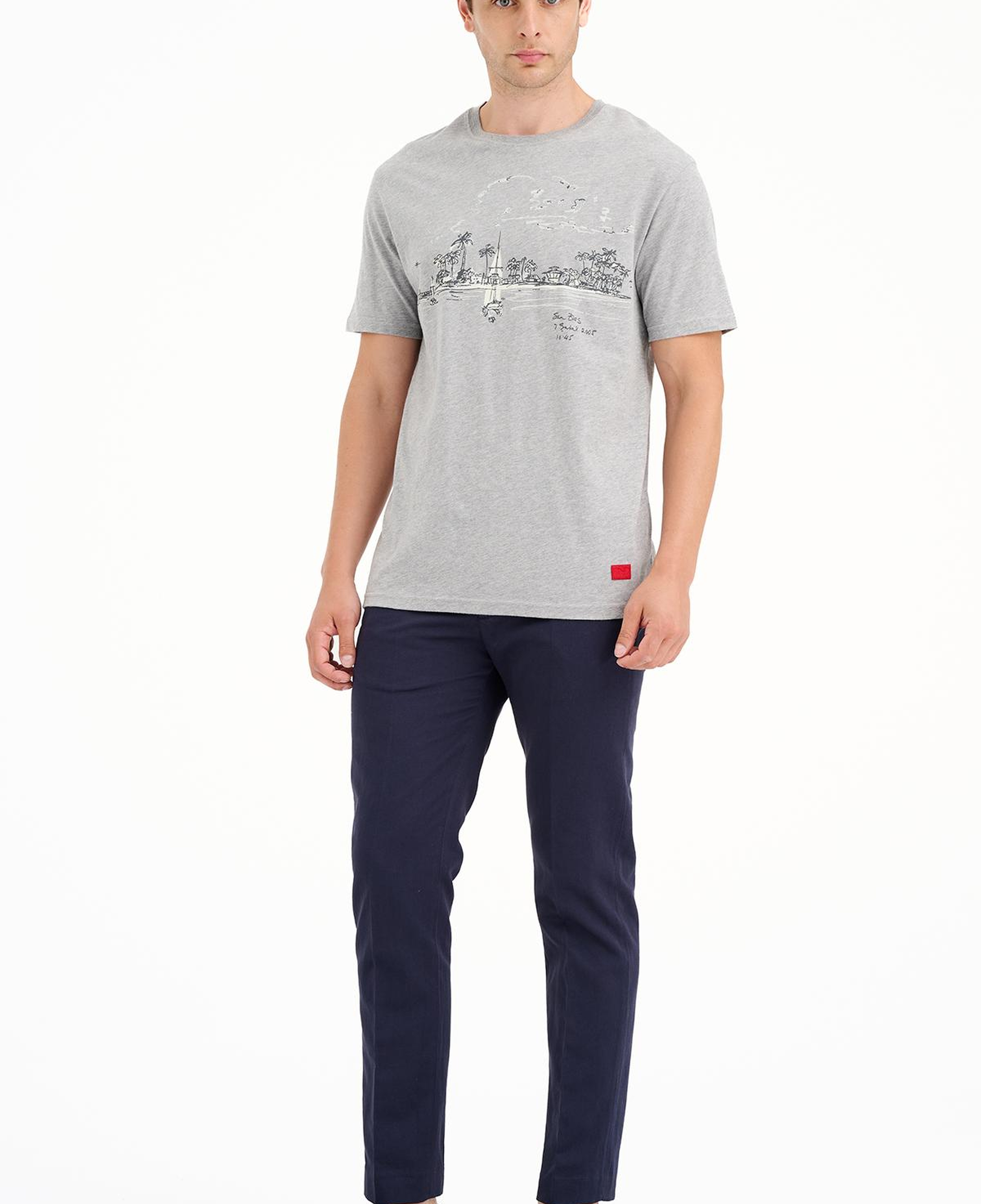 Erkek Gri St Blas Baskılı Bisiklet Yaka  T-Shirt