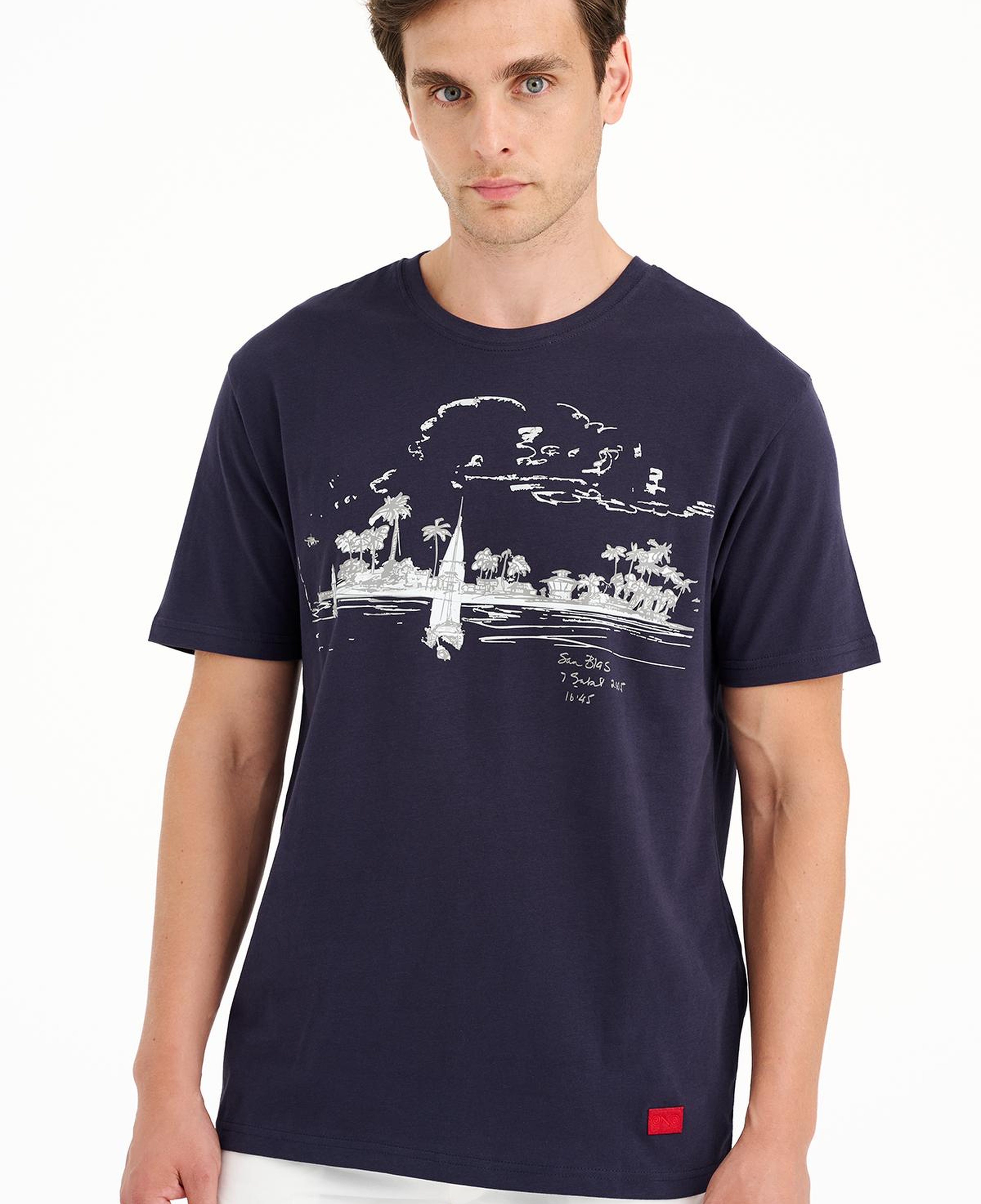 Erkek Lacivert St Blas Baskılı Bisiklet Yaka T-Shirt
