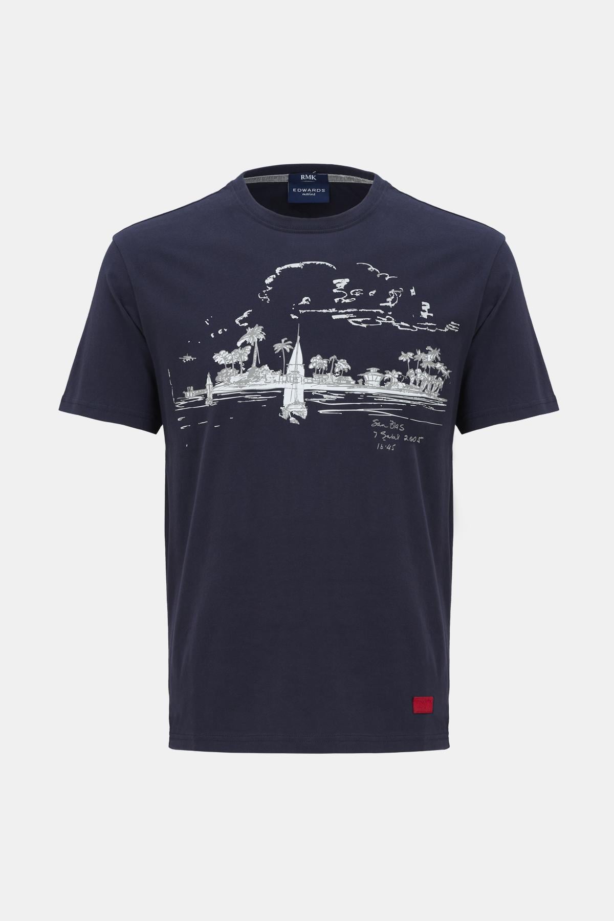 Erkek Lacivert St Blas Baskılı Bisiklet Yaka  T-Shirt